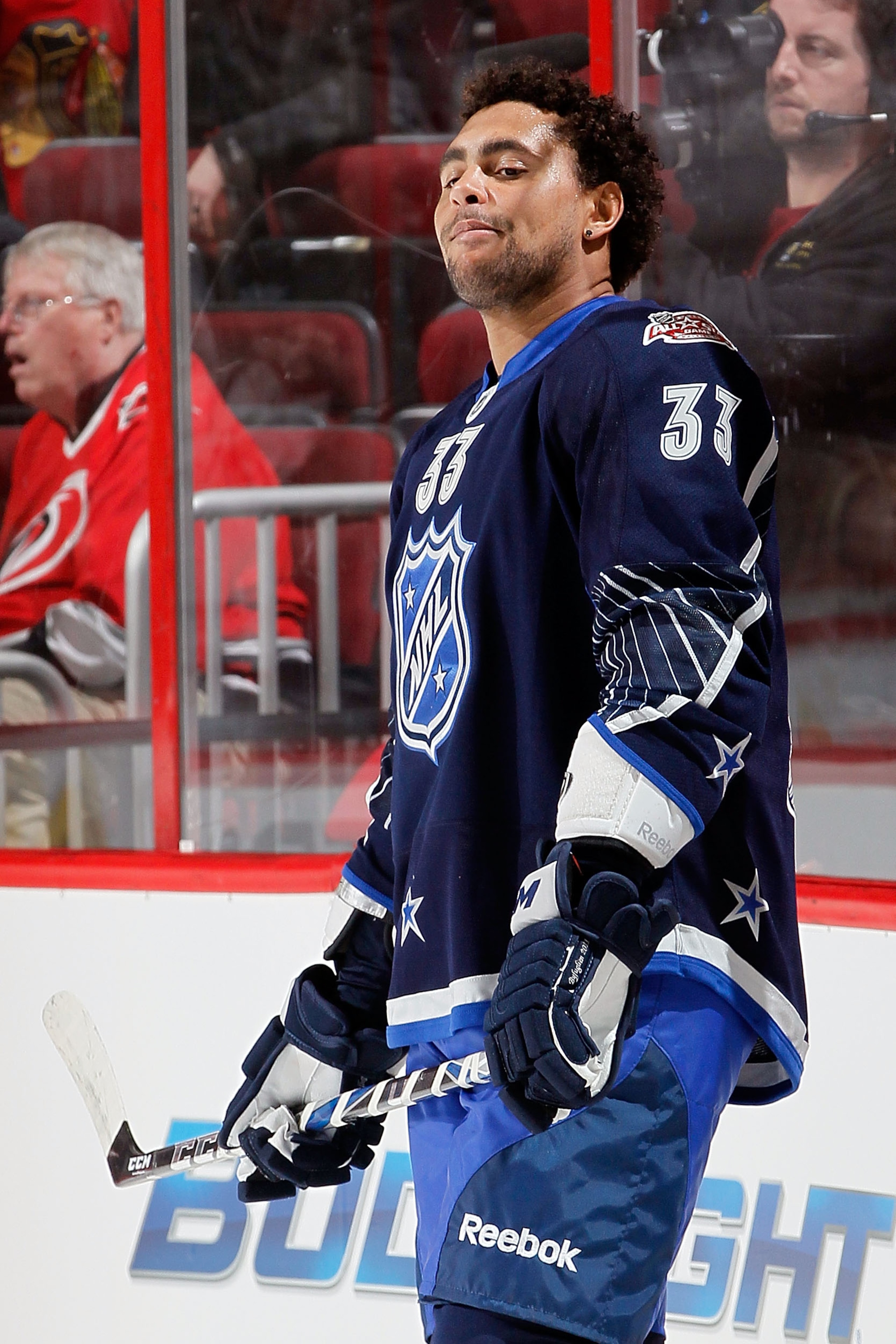 RALEIGH, NC - JANUARY 30:  Dustin Byfuglien #33 of the Atlanta Thrashers looks on during warm ups before the 58th NHL All-Star Game at RBC Center on January 30, 2011 in Raleigh, North Carolina.  (Photo by Kevin C. Cox/Getty Images)