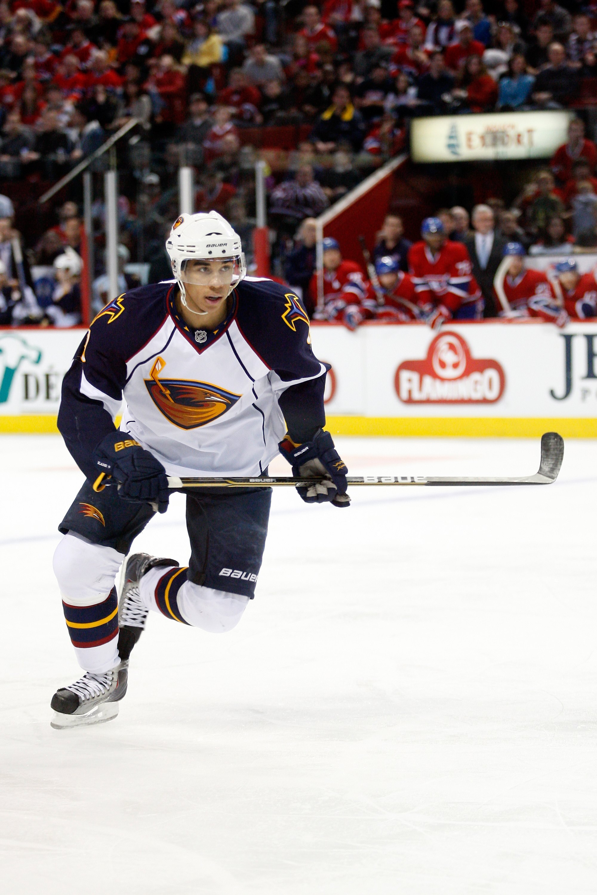 MONTREAL, CANADA - JANUARY 2:  Evander Kane #9 of the Atlanta Thrashers skates during the NHL game against the Montreal Canadiens at the Bell Centre on January 2, 2011 in Montreal, Quebec, Canada.  The Thrashers defeated the Canadiens 4-3 in overtime.  (P