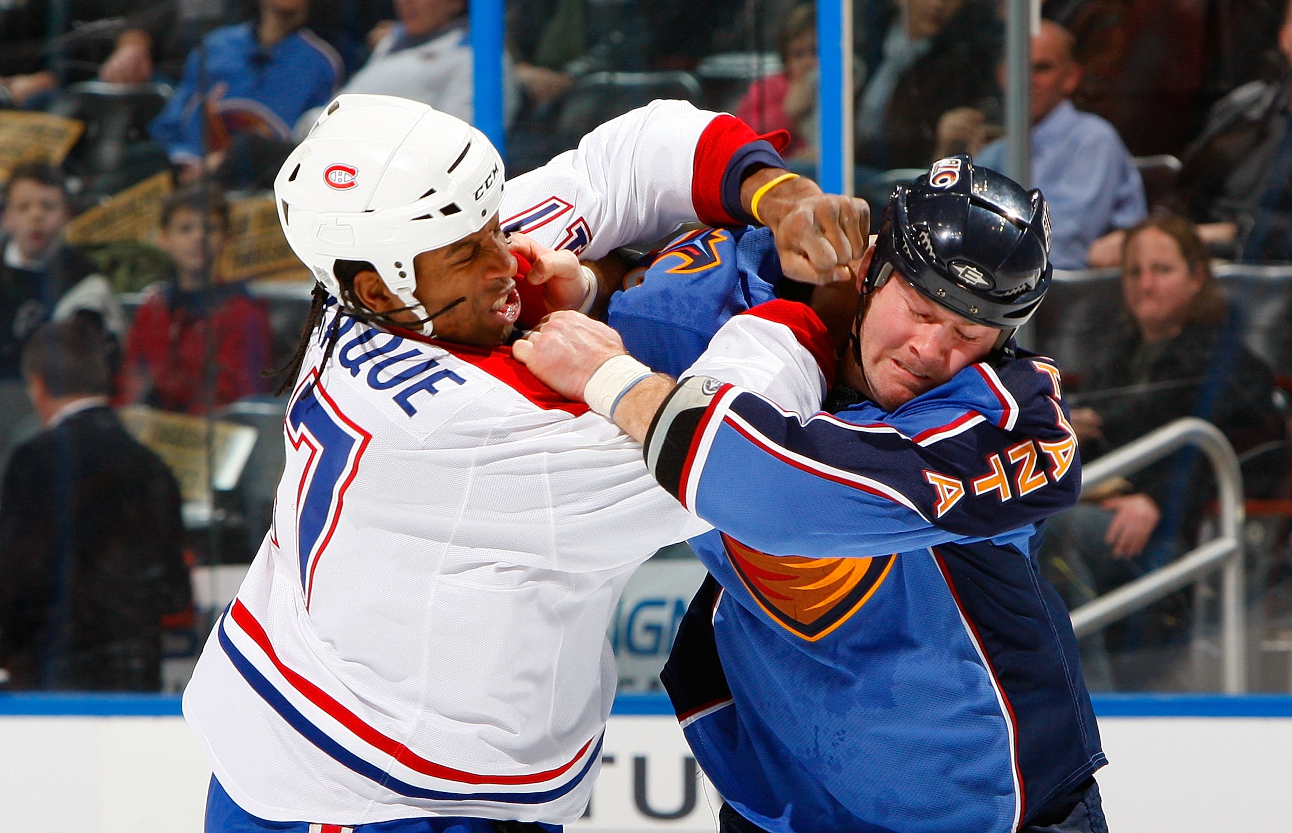 ATLANTA - DECEMBER 12:  Georges Laraque #17 of the Montreal Canadiens fights with Eric Boulton #36 of the Atlanta Thrashers at Philips Arena on December 12, 2009 in Atlanta, Georgia.  (Photo by Kevin C. Cox/Getty Images)