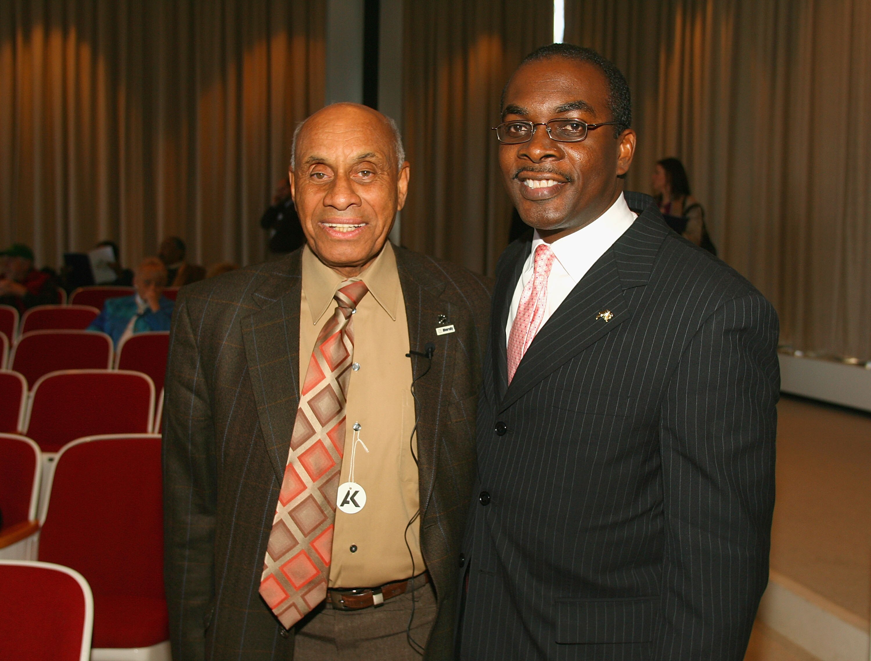 BUFFALO, NY - MARCH 26: Willie O'Ree, Director of Youth Development for the NHL, meets with Buffalo Mayor Byron W. Brown the 2010 Willie O'Ree skills weekend - welcome celebration at the Albright Knox Art Gallery on March 26, 2010 in Buffalo, New York.  (