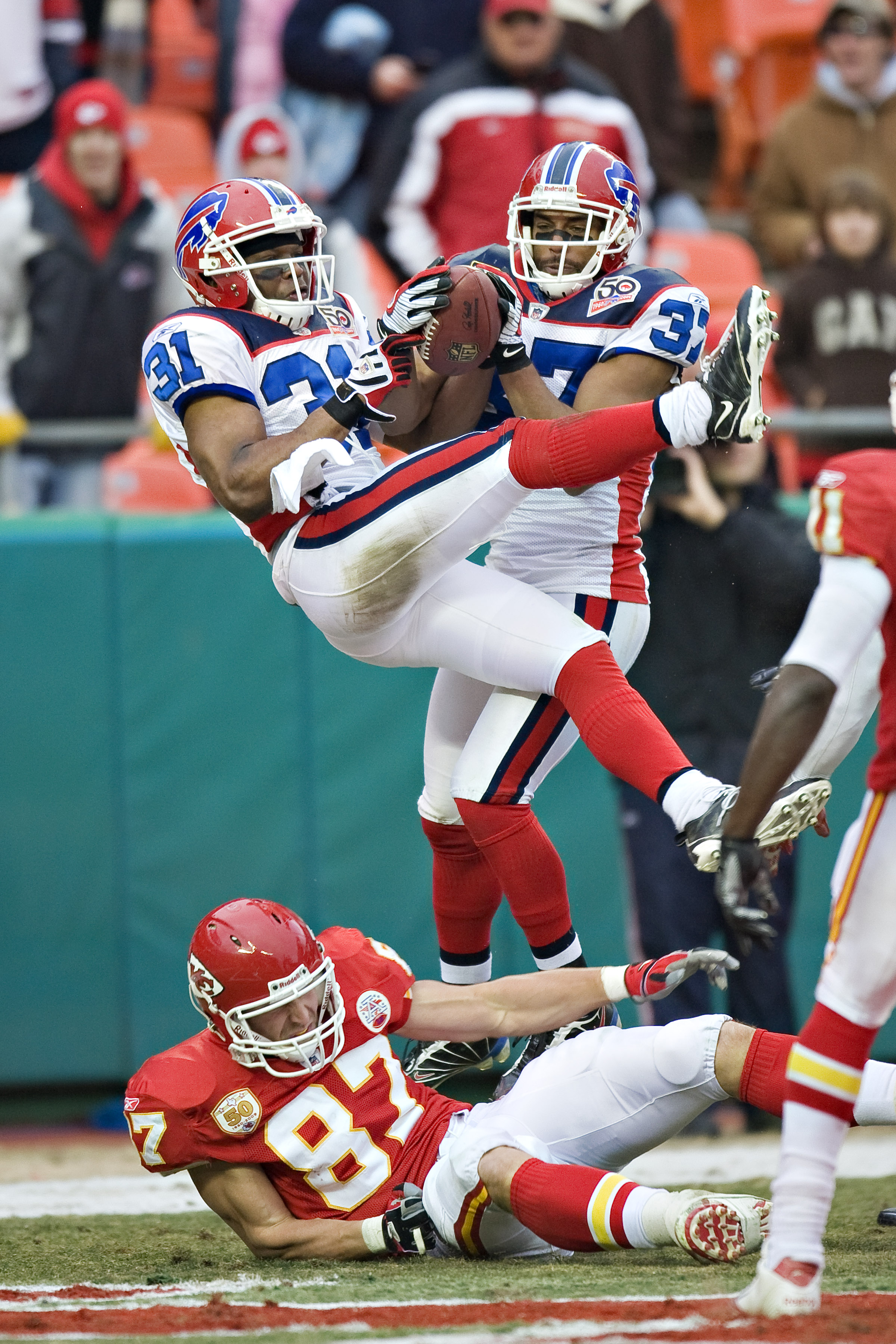 KANSAS CITY, MO - DECEMBER 13: Defensive back George Wilson #37 of the Buffalo Bills intercepts a pass in the end zone to seal the victory against the Kansas City Chiefs at Arrowhead Stadium on December 13, 2009 Kansas City, Missouri.  The Bills defeated
