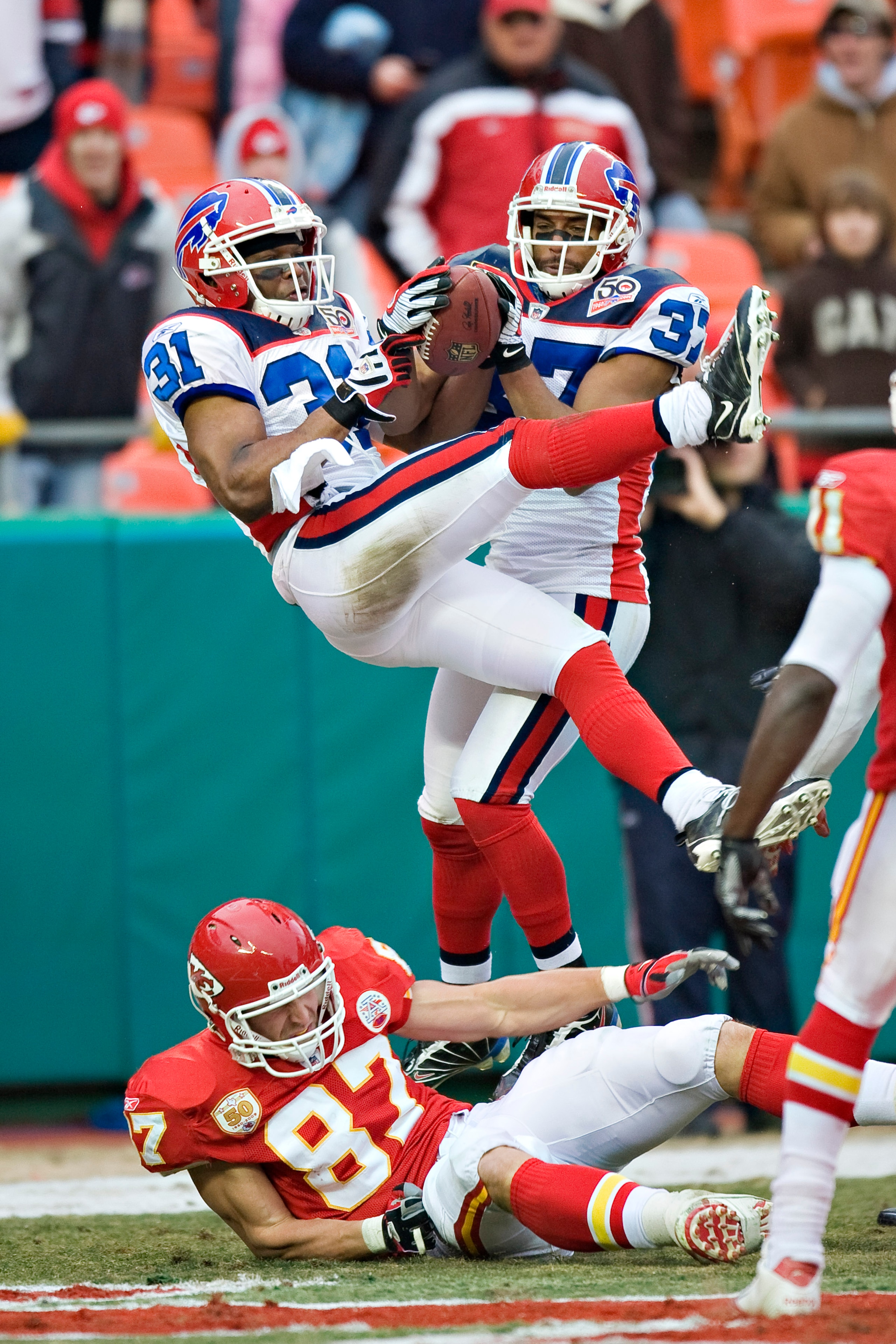 KANSAS CITY, MO - DECEMBER 13: Defensive back George Wilson #37 of the Buffalo Bills intercepts a pass in the end zone to seal the victory against the Kansas City Chiefs at Arrowhead Stadium on December 13, 2009 Kansas City, Missouri.  The Bills defeated