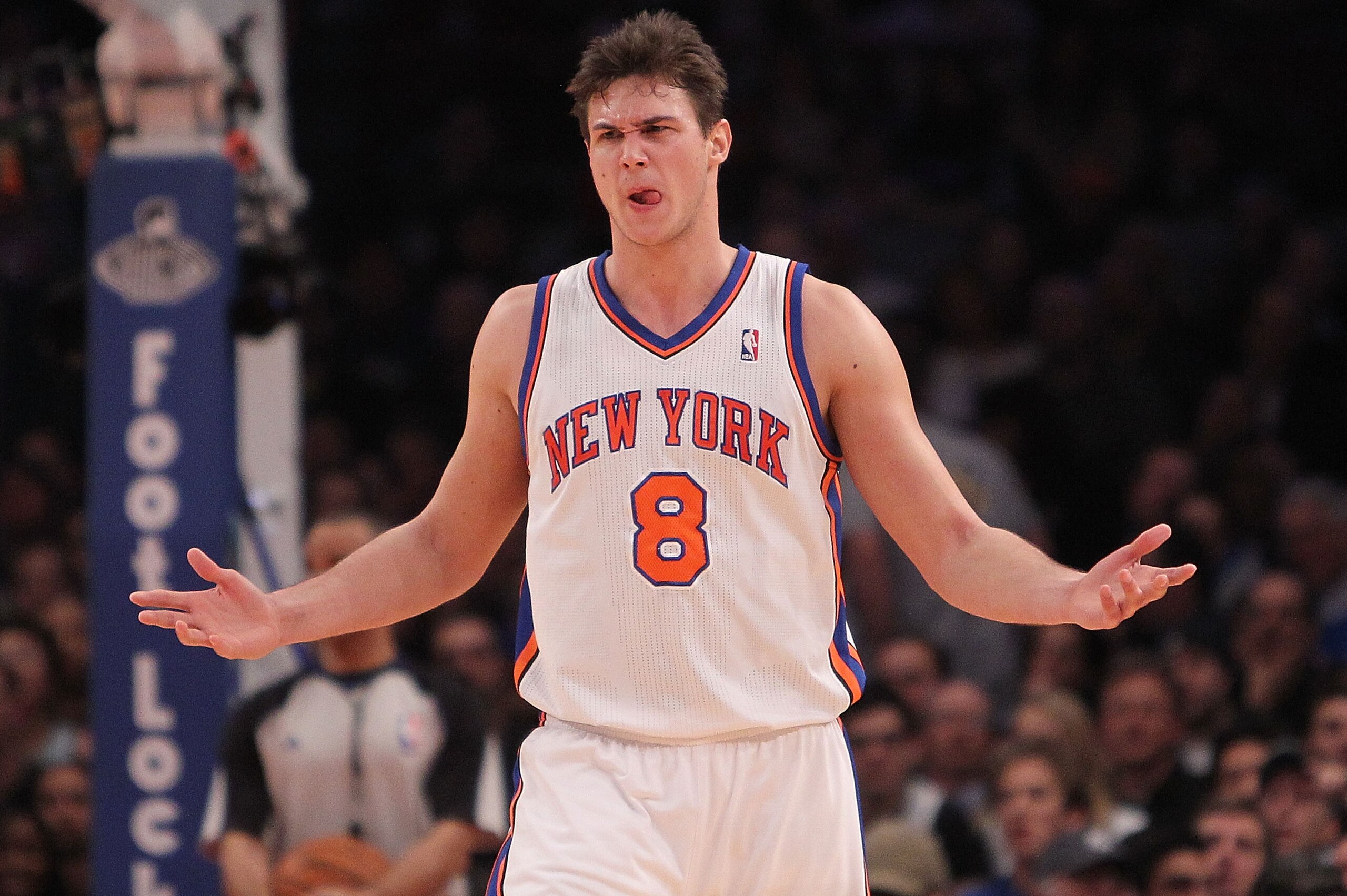 NEW YORK, NY - FEBRUARY 02: Danilo Gallinari #8 of the New York Knicks questions a call against the Dallas Mavericks at Madison Square Garden on February 2, 2011 in New York City. NOTE TO USER: User expressly acknowledges and agrees that, by downloading NEW YORK, NY - FEBRUARY 02: Danilo Gallinari #8 of the New York Knicks questions a call against the Dallas Mavericks at Madison Square Garden on February 2, 2011 in New York City. NOTE TO USER: User expressly acknowledges and agrees that, by downloading