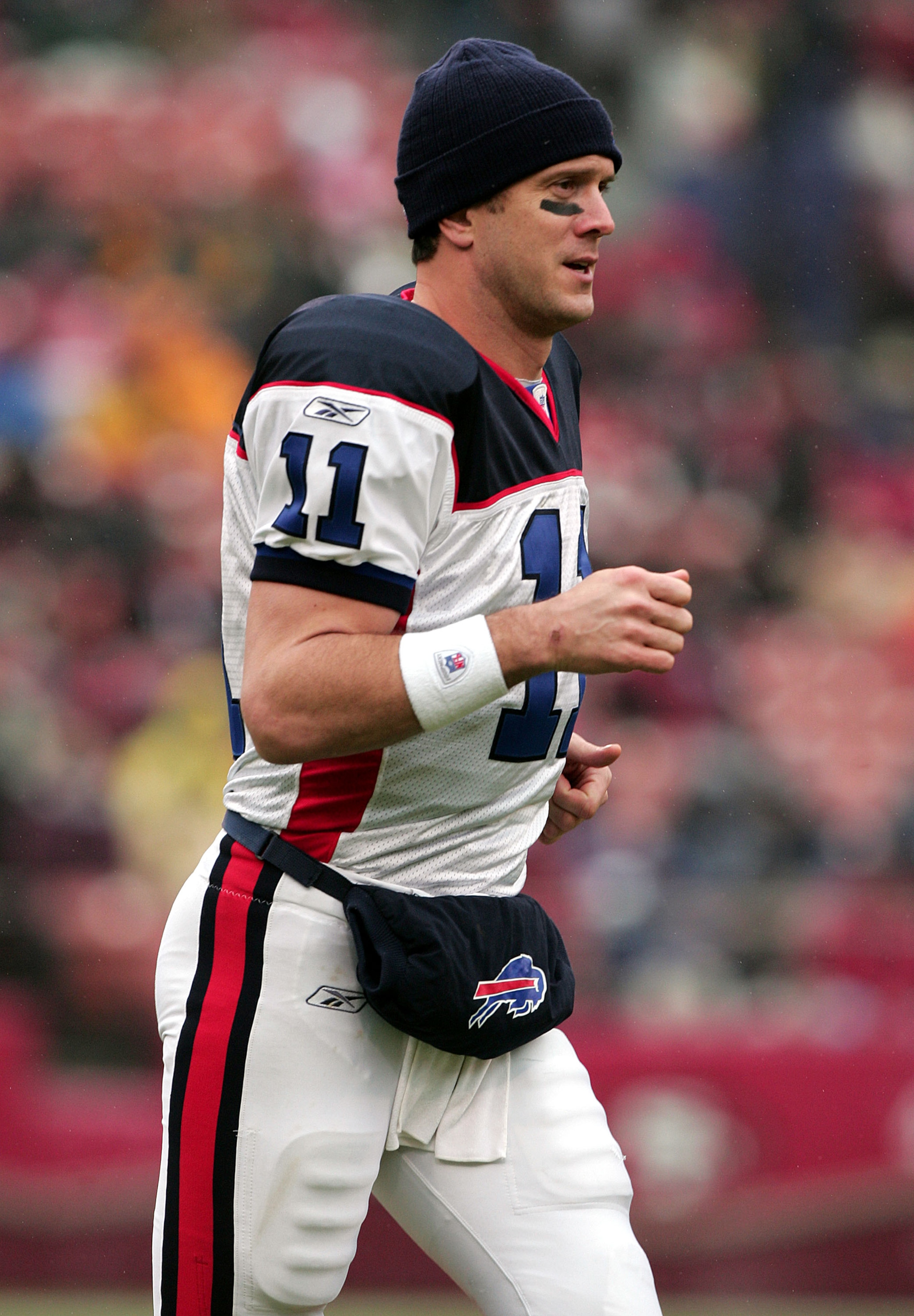 SAN FRANCISCO - DECEMBER 26:  Quarterback Drew Bledsoe #11 of the  Buffalo Bills looks on against the San Francisco 49ers at Monster Park on December 26, 2004 in San Francisco, California.  The Bills defeated the Niners 41-7.  (Photo by Jed Jacobsohn/Gett