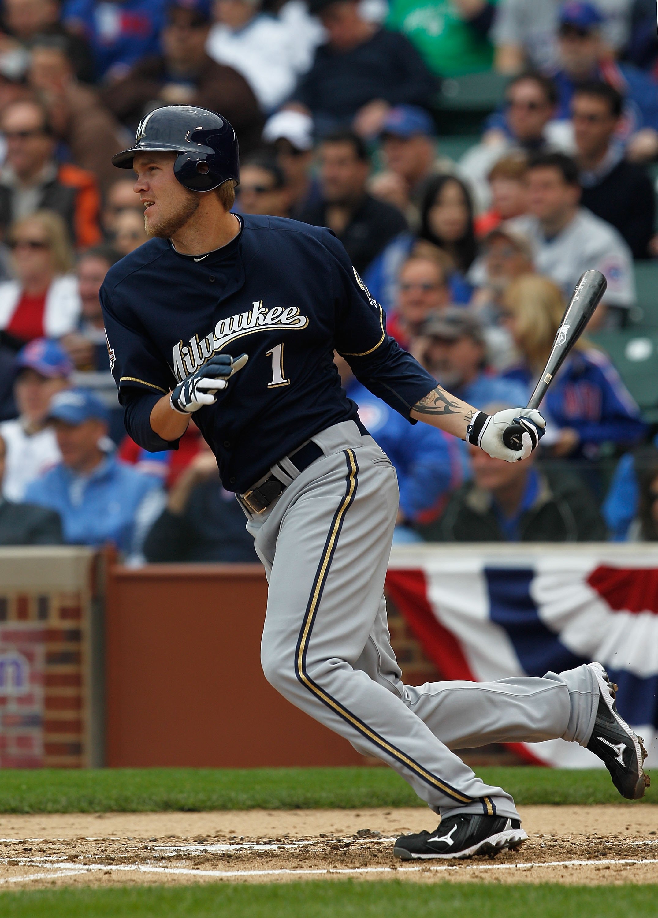 CHICAGO - APRIL 12: Corey Hart #1 of the Milwaukee Brewers hits the ball against the Chicago Cubs on Opening Day at Wrigley Field on April 12, 2010 in Chicago, Illinois. The Cubs defeated the Brewers 9-5.  (Photo by Jonathan Daniel/Getty Images)
