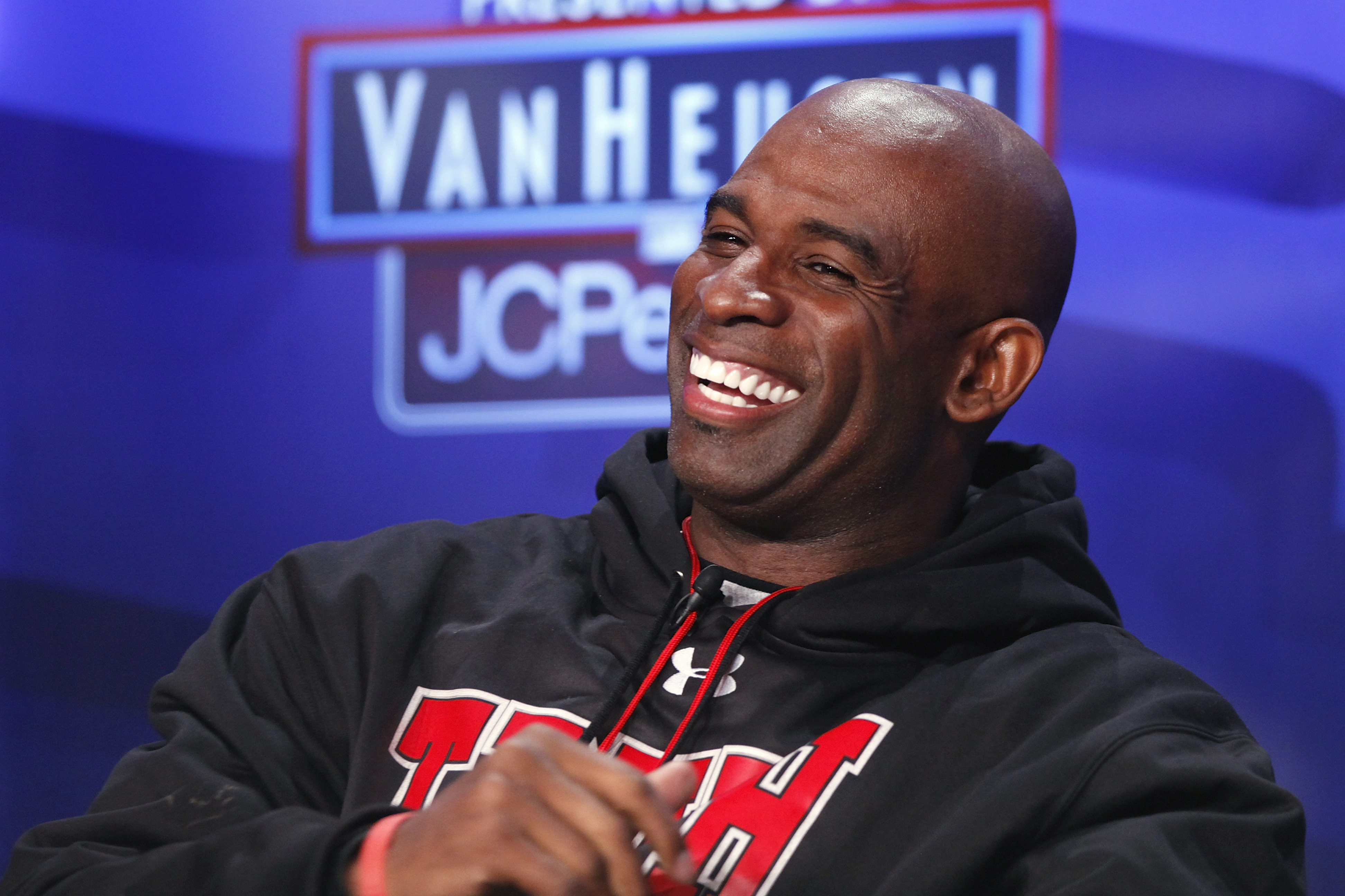DALLAS, TX - FEBRUARY 5: Deion Sanders looks on after being inducted into the 2011 Pro Football Hall of Fame class during an announcement at the Super Bowl XLV media center on February 5, 2011 in Dallas, Texas. (Photo by Joe Robbins/Getty Images)