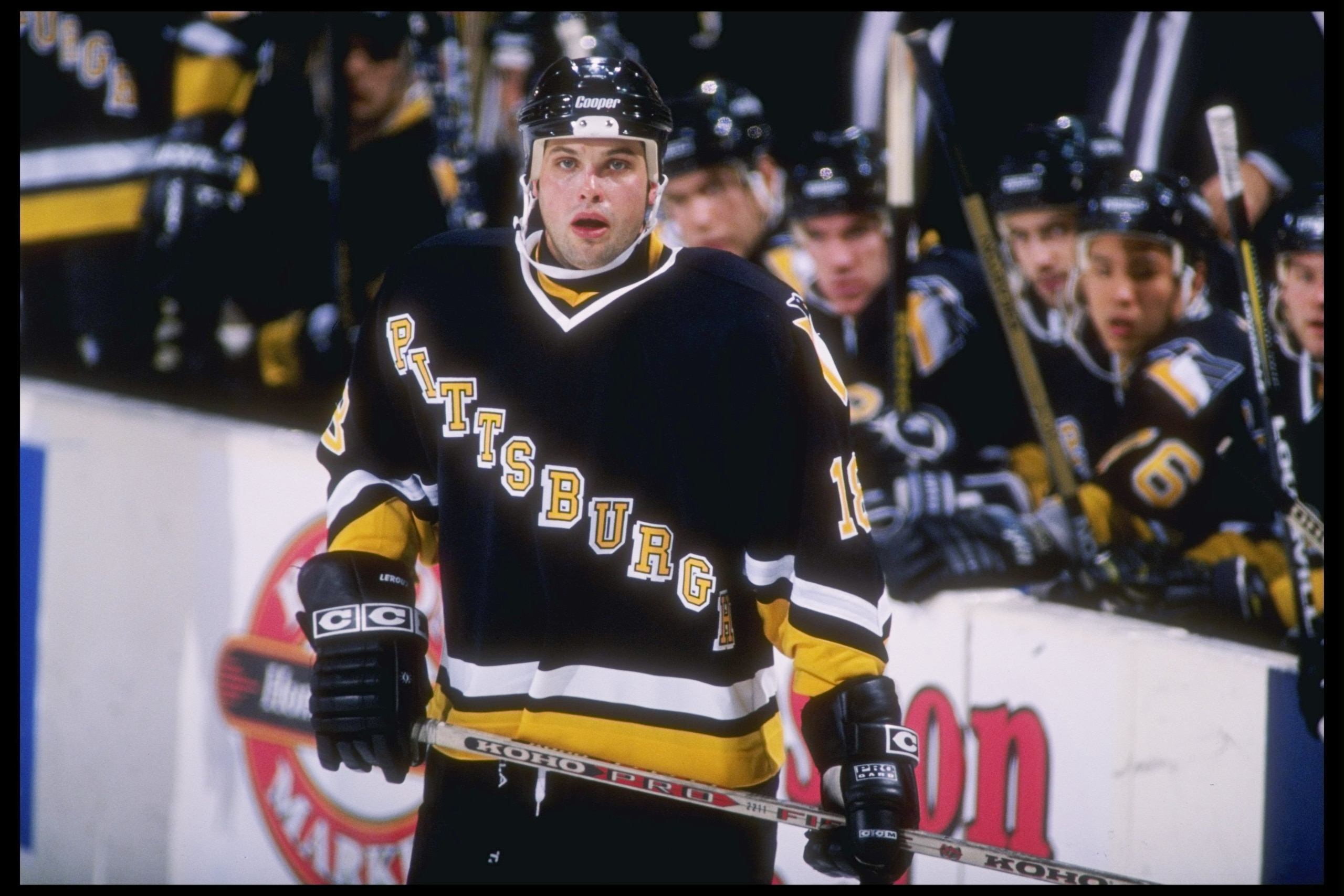 3 Nov 1995:  Defenseman Francois Leroux of the Pittsburgh Penguins looks on during a game against the Buffalo Sabres at the Memorial Auditorium in Buffalo, New York.  The game was a tie, 3-3. Mandatory Credit: Rick Stewart  /Allsport