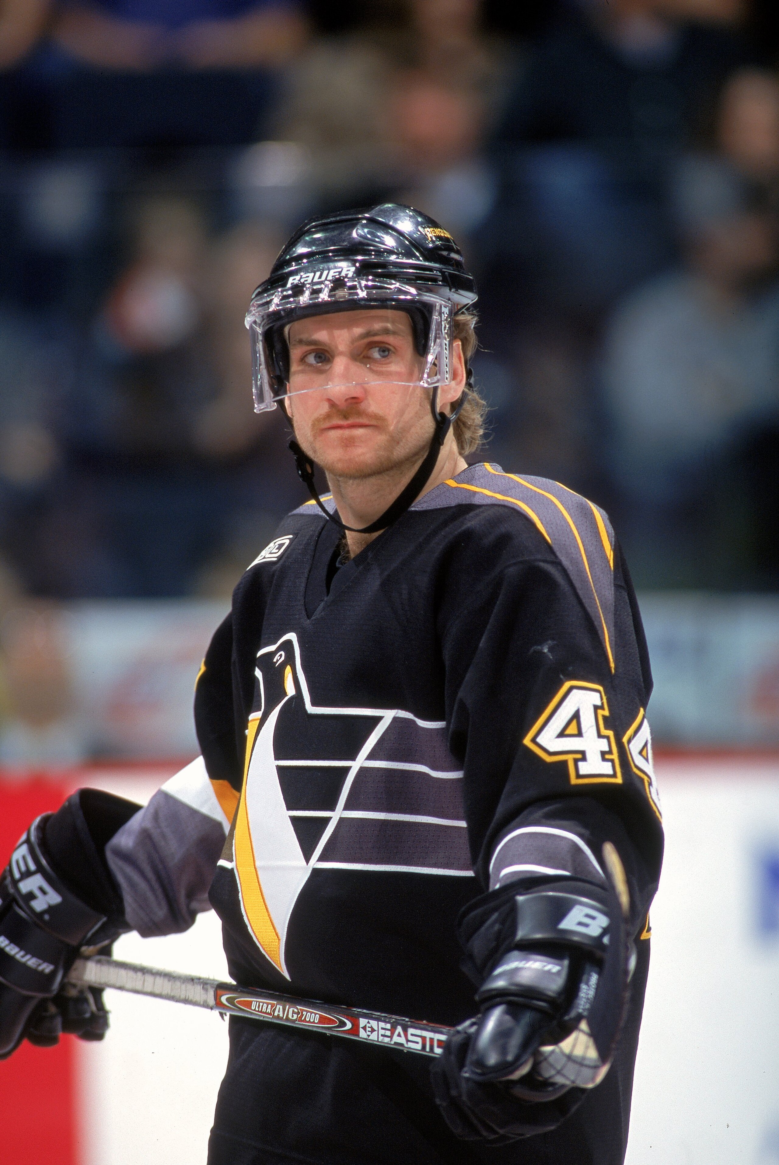 1 Mar 2000: Rob Brown #44 of the Pittsburgh Penguins looks on the ice during a game against the Calgary Flames at the Canadian Airlines SaddleDome in Calgary, Alberta, Canada. The Flames defeated the Penguins 8-2. Mandatory Credit: Ian Tomlinson  /Allspor