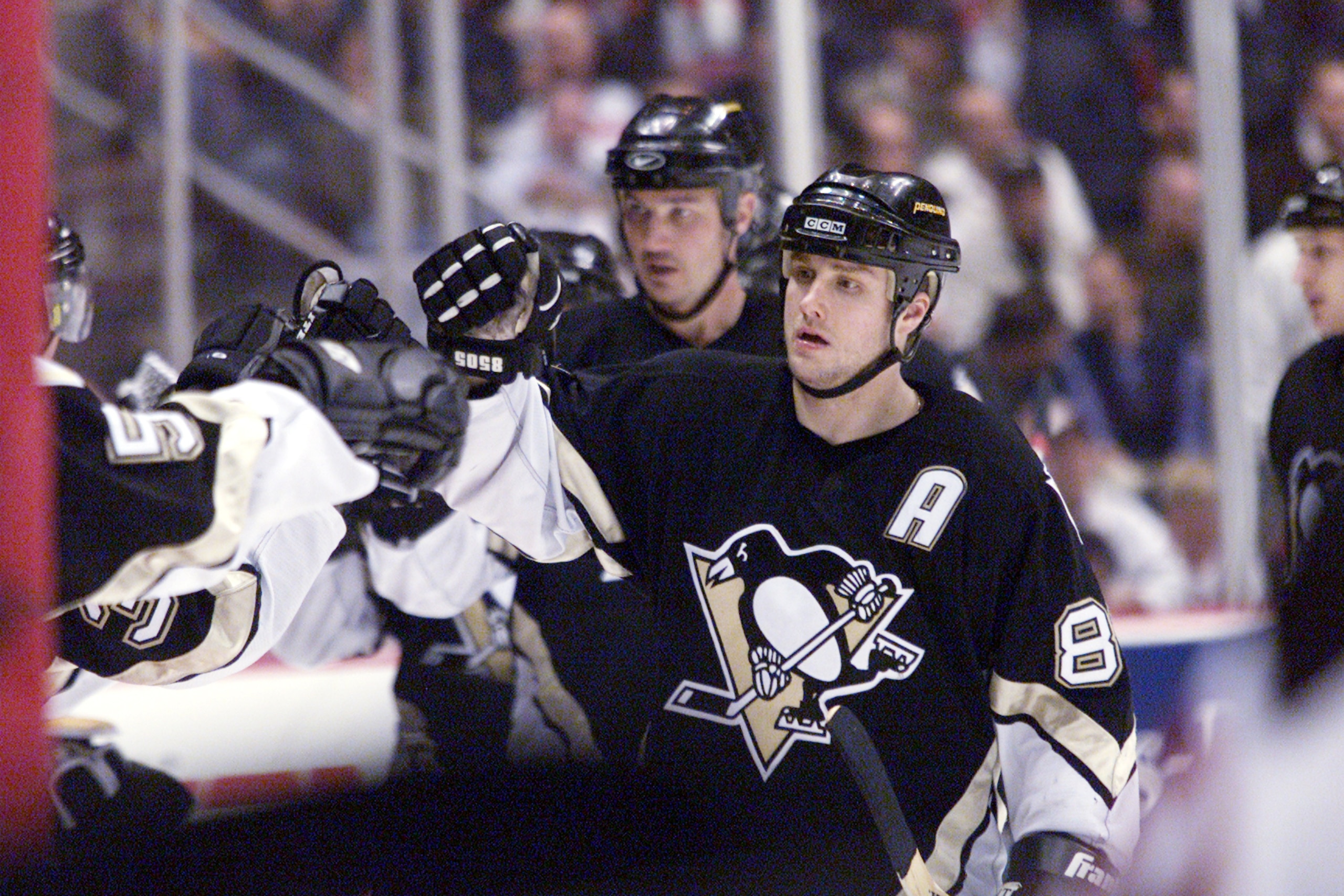 2001:  Martin Straka of the Pittsburgh Penguins is congratulated by teammates after scoring against the New Jersey Devils during Game 5 of the Eastern Conference Finals at Continental Airlines Arena at the Meadowlands in East Rutherford, New Jersey.  The