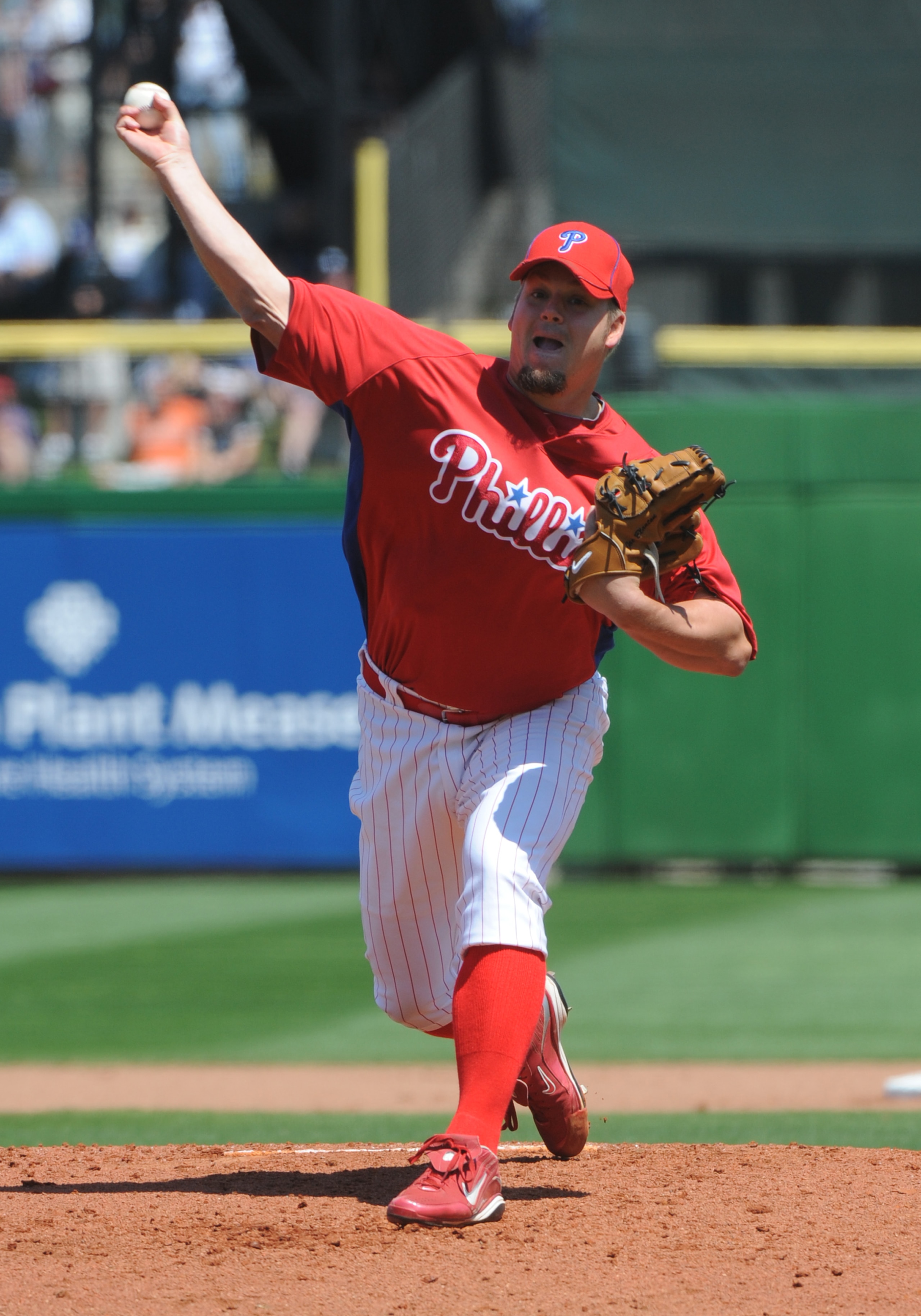 CLEARWATER, FL - MARCH 23: Pitcher Joe Blanton #56 of the Philadelphia Phillies starts against the Tampa Bay Rays March 23, 2010 at Bright House Field in Clearwater, Florida. (Photo by Al Messerschmidt/Getty Images)