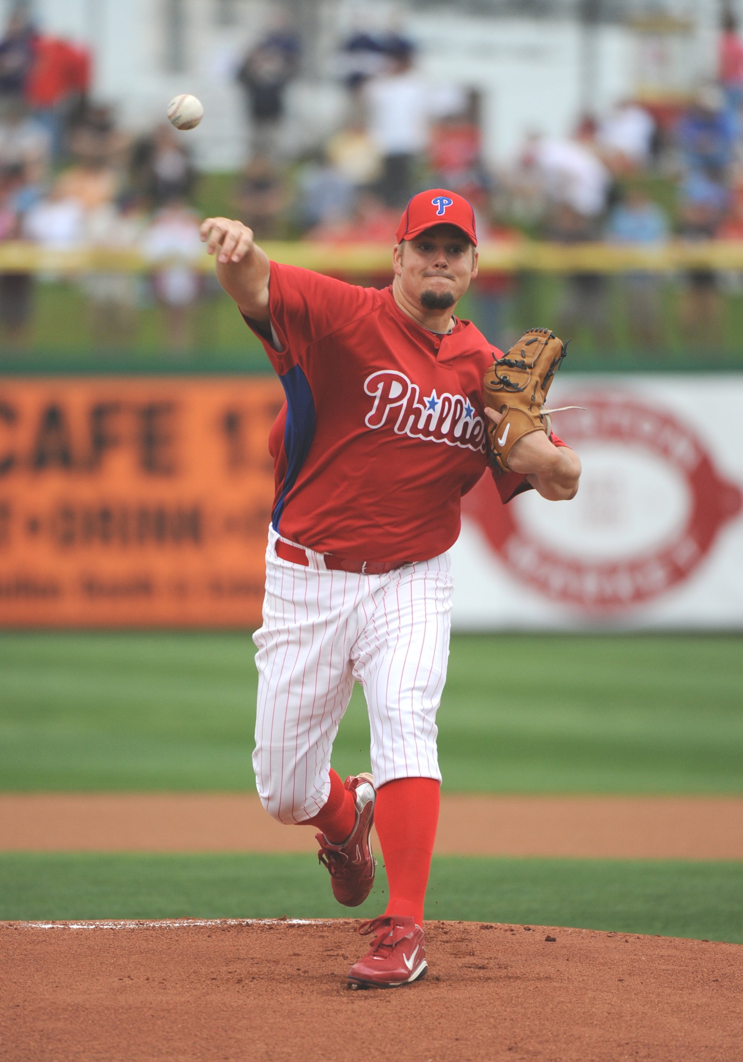 CLEARWATER, FL - MARCH 11: Pitcher Joe Blanton #56 of the  Philadelphia Phillies starts against the Detroit Tigers March 11, 2010 at the Bright House Field in Clearwater, Florida. (Photo by Al Messerschmidt/Getty Images)