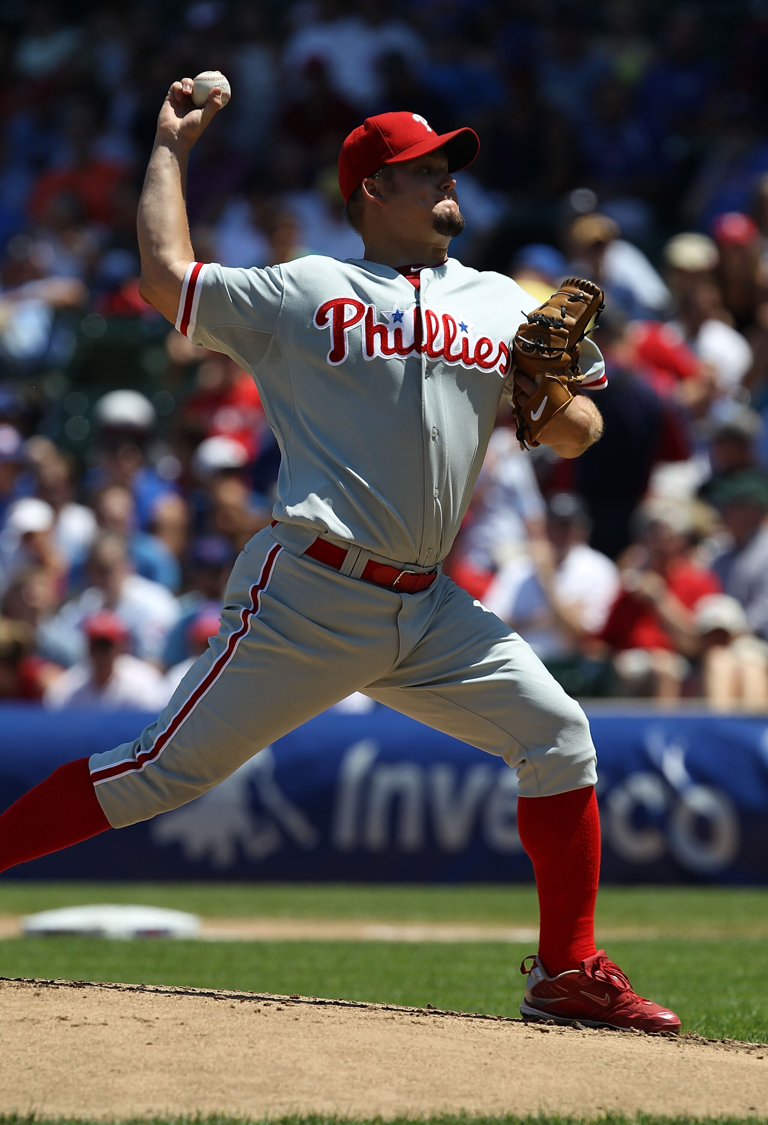 CHICAGO - JULY 16: Starting pitcher Joe Blanton #56 of the Philadelphia Phillies delivers the ball against the Chicago Cubs at Wrigley Field on July 16, 2010 in Chicago, Illinois. The Cubs defeated the Phillies 4-3.  (Photo by Jonathan Daniel/Getty Images