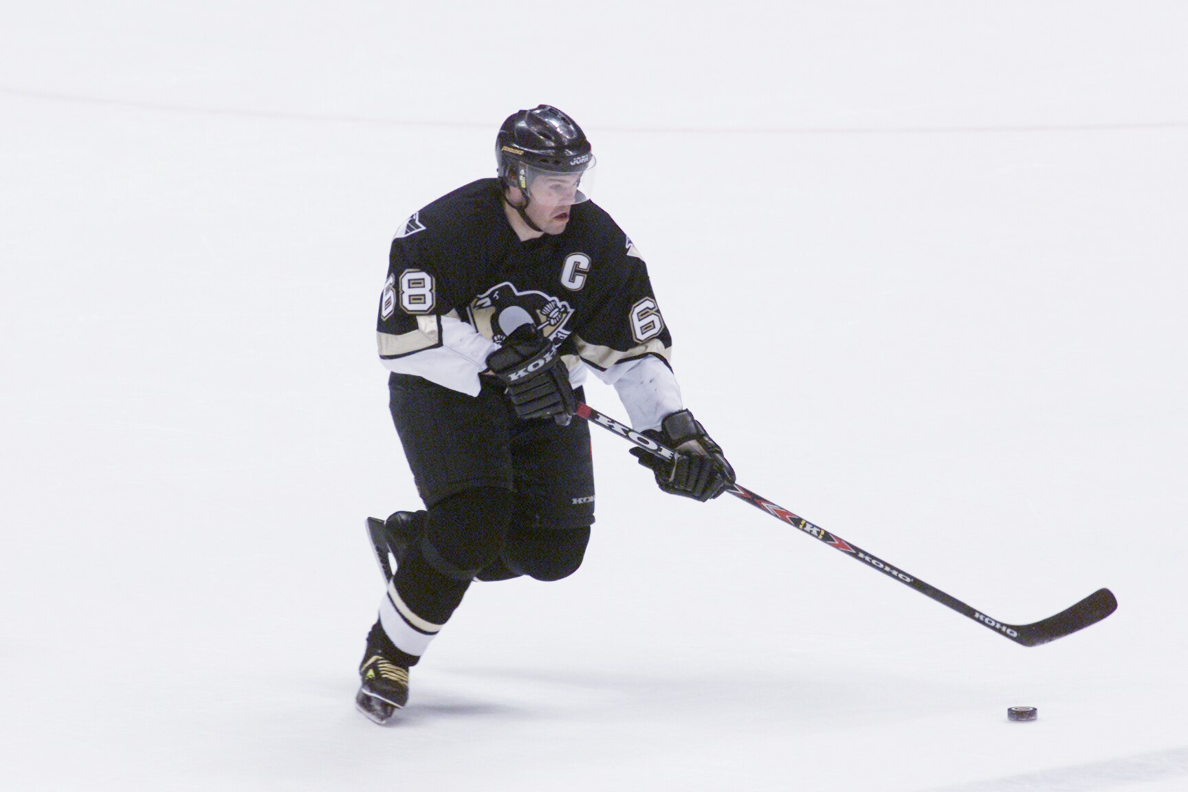 2001:  Jaromir Jagr of the Pittsburgh Penguins glides across the ice during Game 5 of the Eastern Conference Finals against the New Jersey Devils at Continental Airlines Arena at the Meadowlands in East Rutherford, New Jersey.  The Devils won 4-2 resultin