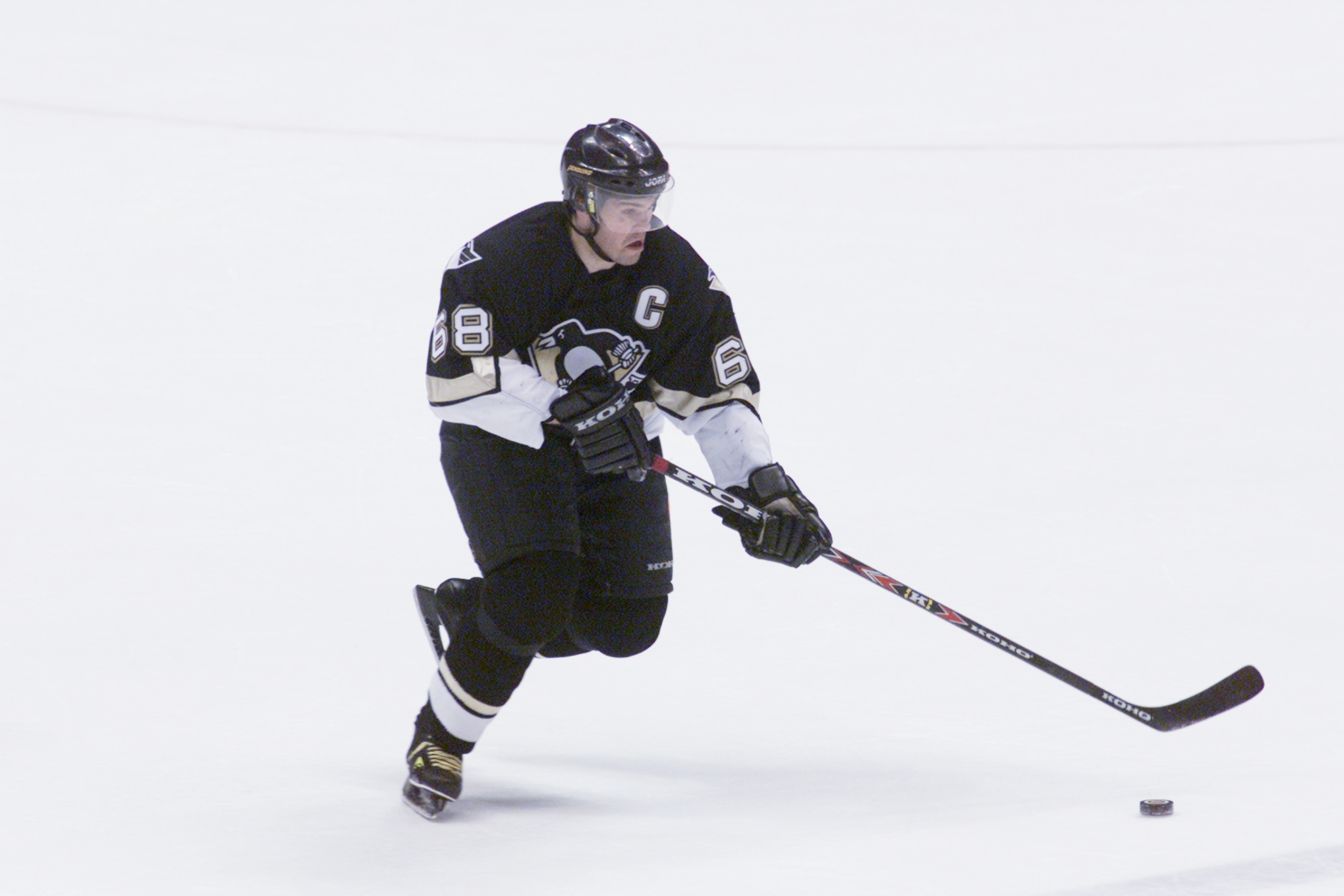 2001:  Jaromir Jagr of the Pittsburgh Penguins glides across the ice during Game 5 of the Eastern Conference Finals against the New Jersey Devils at Continental Airlines Arena at the Meadowlands in East Rutherford, New Jersey.  The Devils won 4-2 resultin