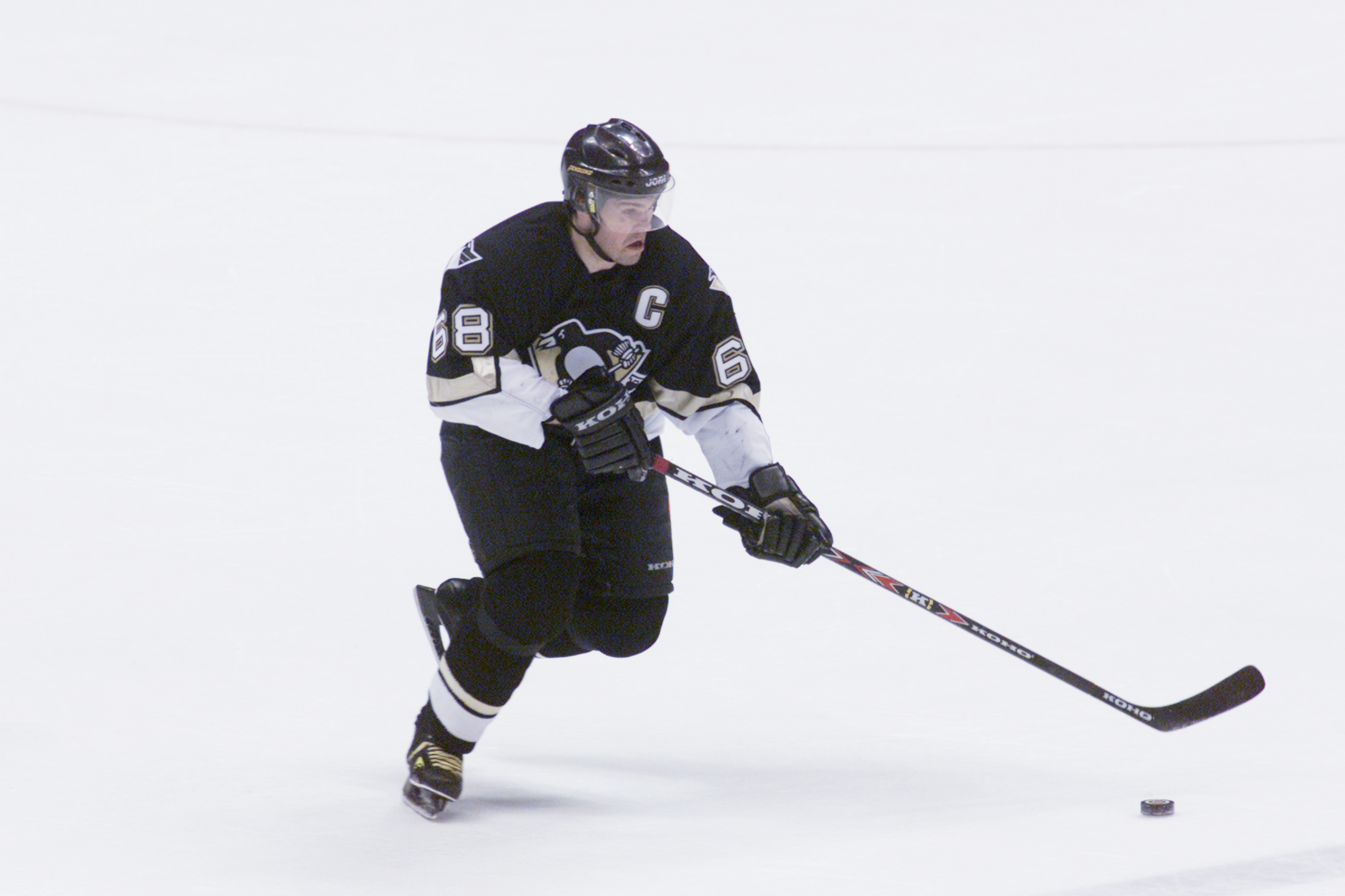 2001:  Jaromir Jagr of the Pittsburgh Penguins glides across the ice during Game 5 of the Eastern Conference Finals against the New Jersey Devils at Continental Airlines Arena at the Meadowlands in East Rutherford, New Jersey.  The Devils won 4-2 resultin