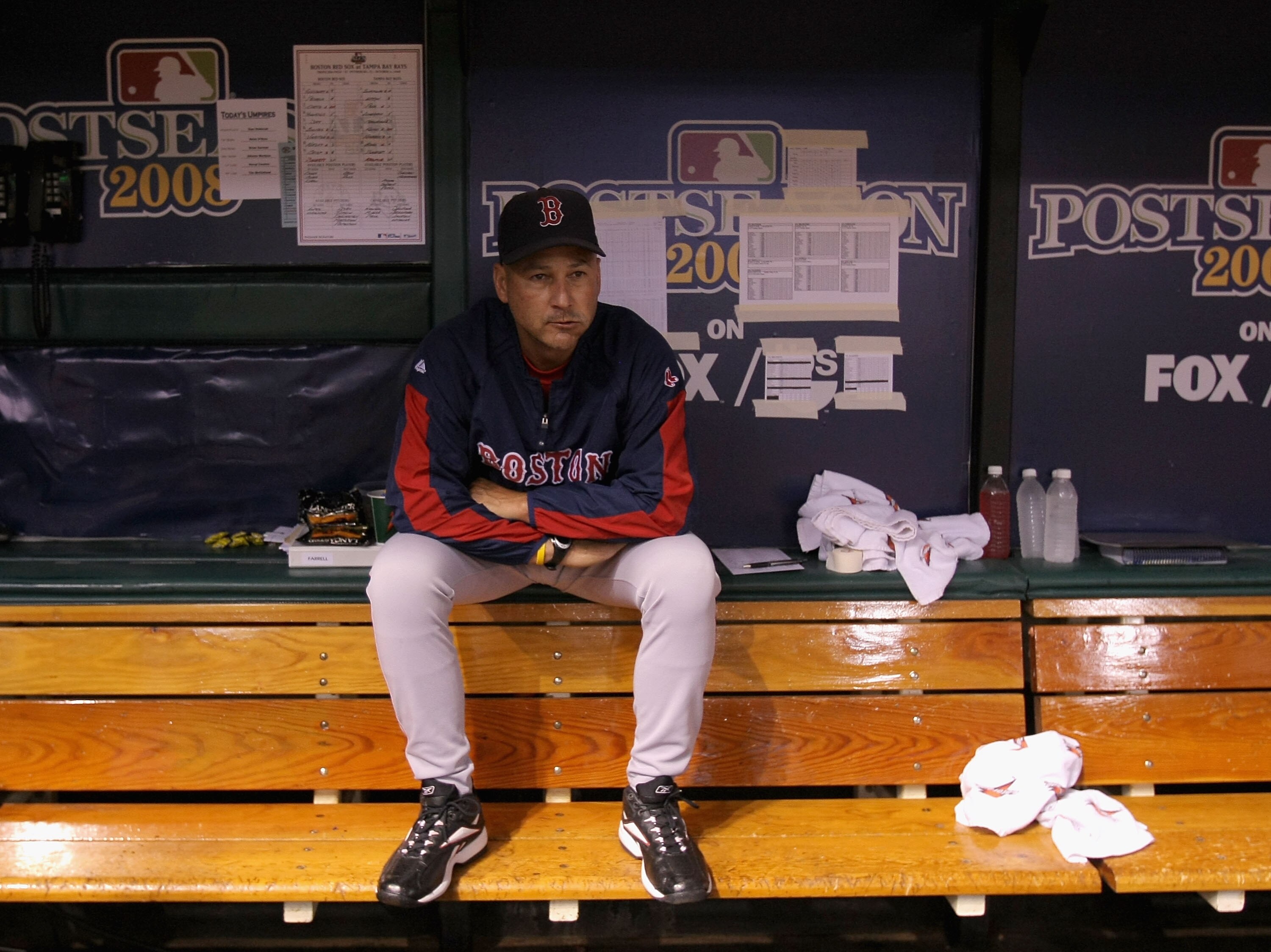 ST. PETERSBURG, FL - OCTOBER 11:  Manager Terry Francona of the Boston Red Sox sits in the dugout before game two of the American League Championship Series against the Tampa Bay Rays during the 2008 MLB playoffs at Tropicana Field on October 10, 2008 in 