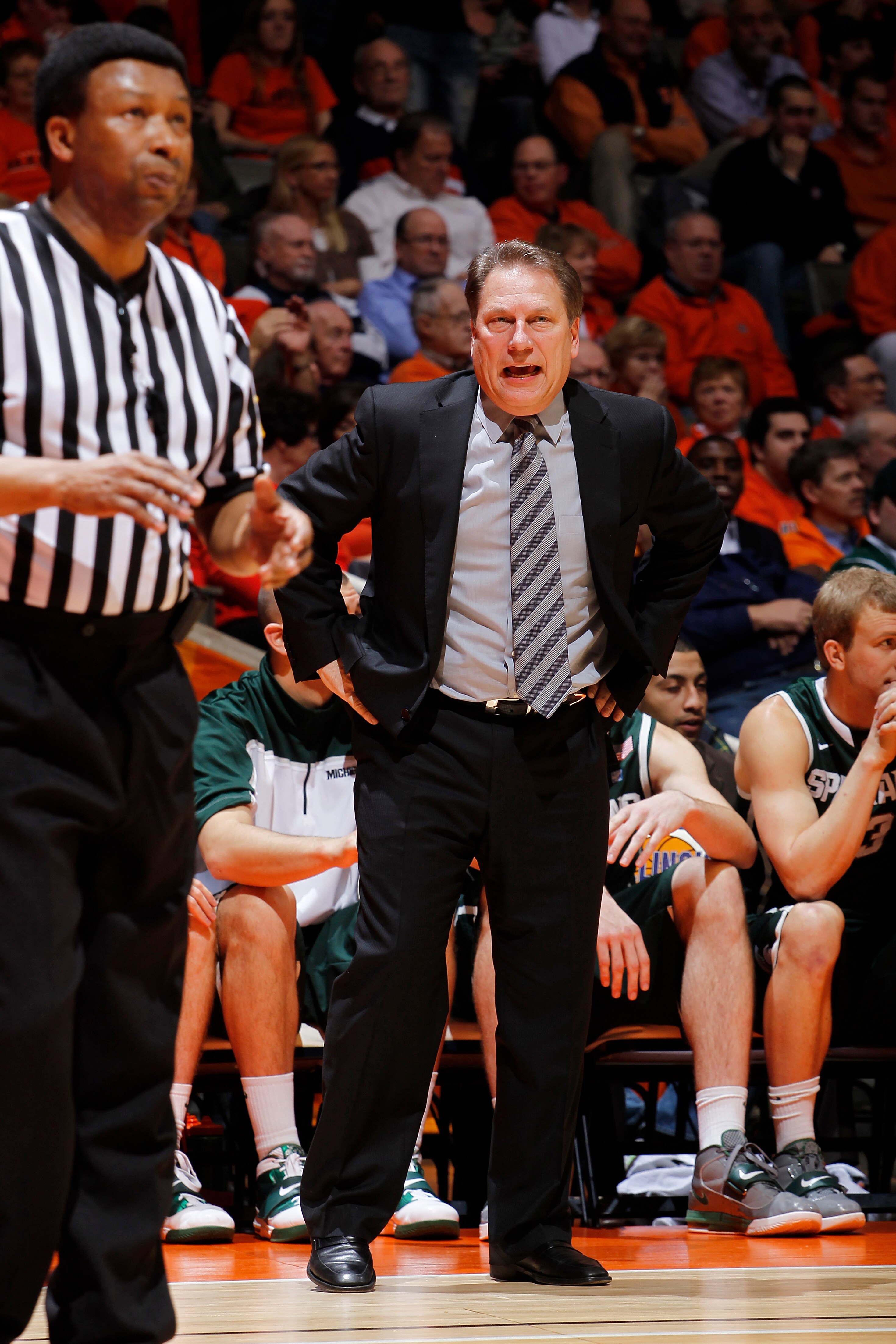 CHAMPAIGN, IL - JANUARY 18: Head coach Tom Izzo of the Michigan State Spartans argues with an official during the game against the Illinois Fighting Illini at Assembly Hall on January 18, 2011 in Champaign, Illinois. Illinois defeated Michigan State 71-62