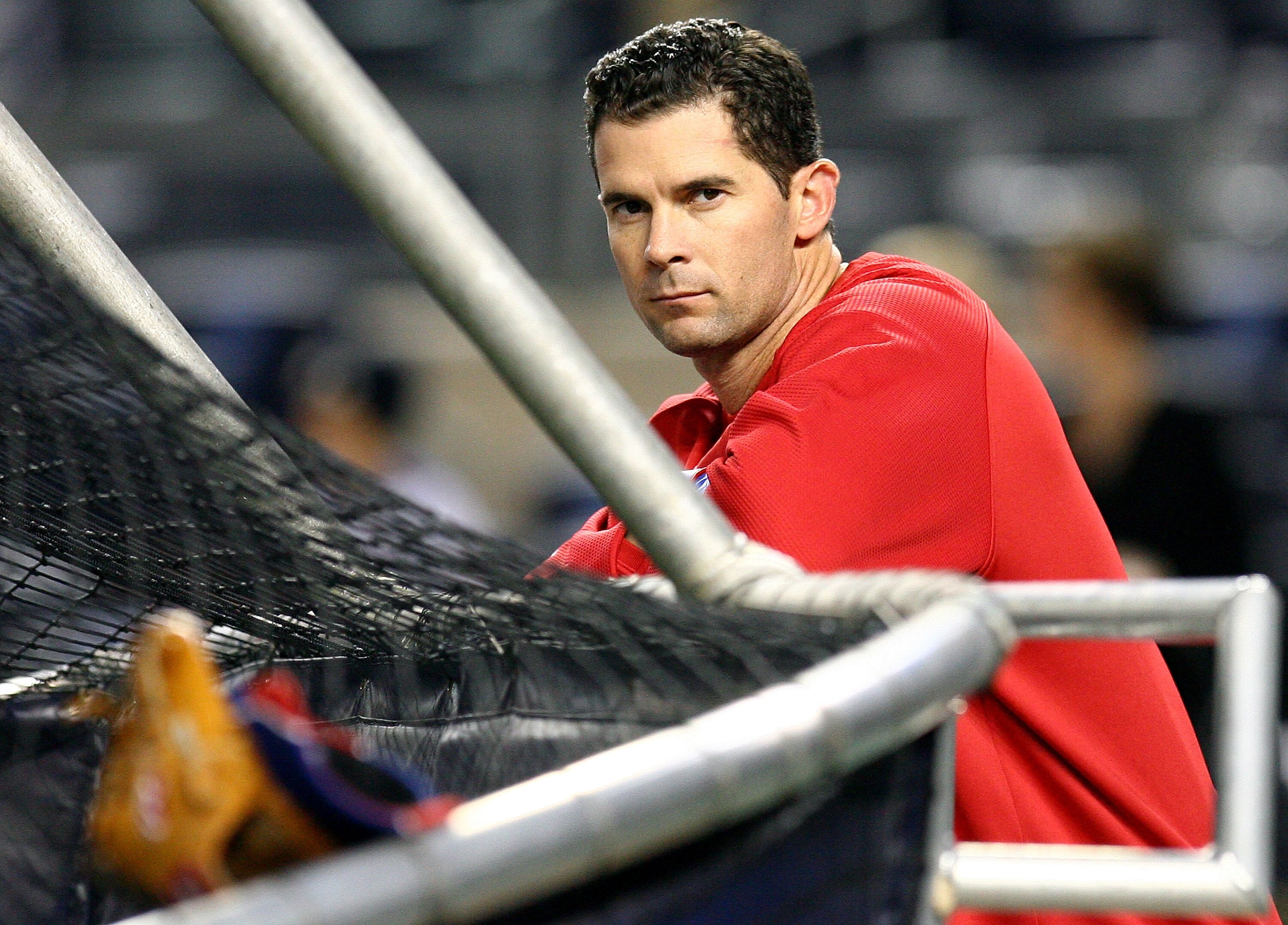 NEW YORK - OCTOBER 19:  Michael Young #10 of the Texas Rangers looks on during batting ptactice against the New York Yankees in Game Four of the ALCS during the 2010 MLB Playoffs at Yankee Stadium on October 19, 2010 in the Bronx borough of New York City.