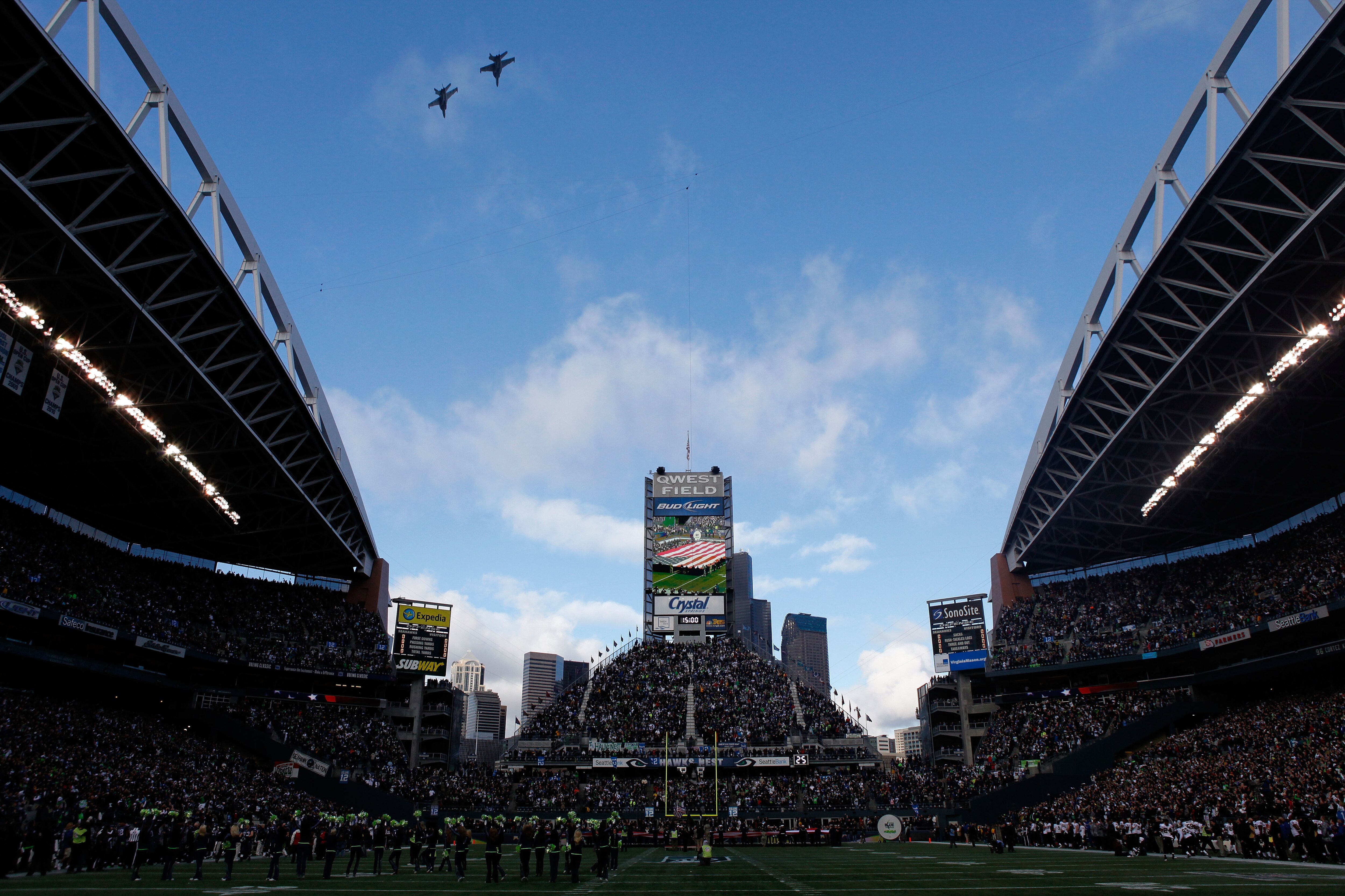 SEATTLE, WA - JANUARY 08:  A flyover before the 2011 NFC wild-card playoff game between the New Orleans Saints and the Seattle Seahawks at Qwest Field on January 8, 2011 in Seattle, Washington.  (Photo by Jonathan Ferrey/Getty Images)