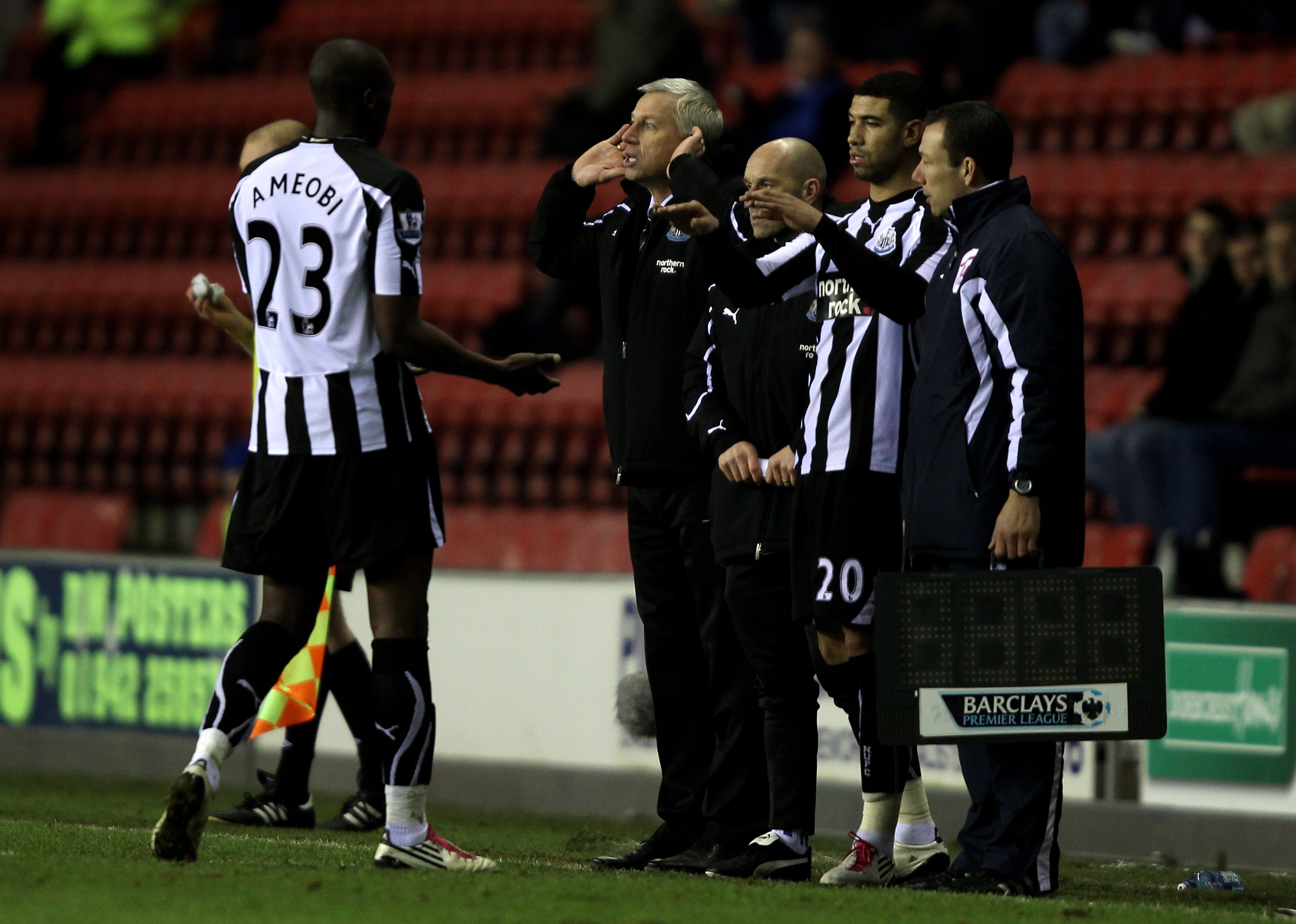 WIGAN, ENGLAND - JANUARY 02:  Shola Ameobi of Newcastle United is substituted for team mate Leon Best during the Barclays Premier League match between Wigan Athletic and Newcastle United at the DW Stadium on January 2, 2011 in Wigan, England.  (Photo by C