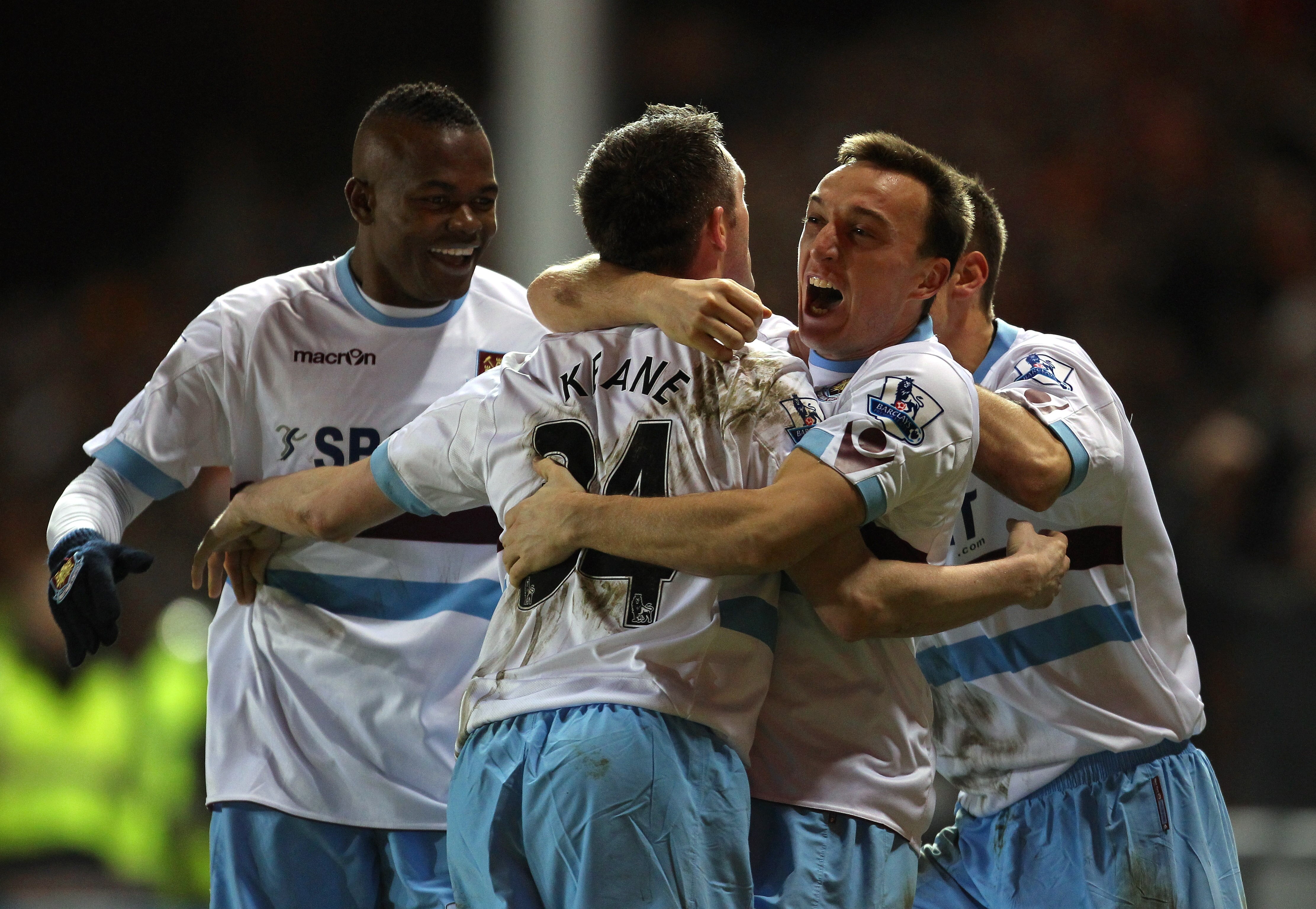 BLACKPOOL, ENGLAND - FEBRUARY 02:  Robbie Keane of West Ham United celebrates with Mark Noble after scoring his goal during the Barclays Premier League match between Blackpool and West Ham United at Bloomfield Road on February 2, 2011 in Blackpool, Englan