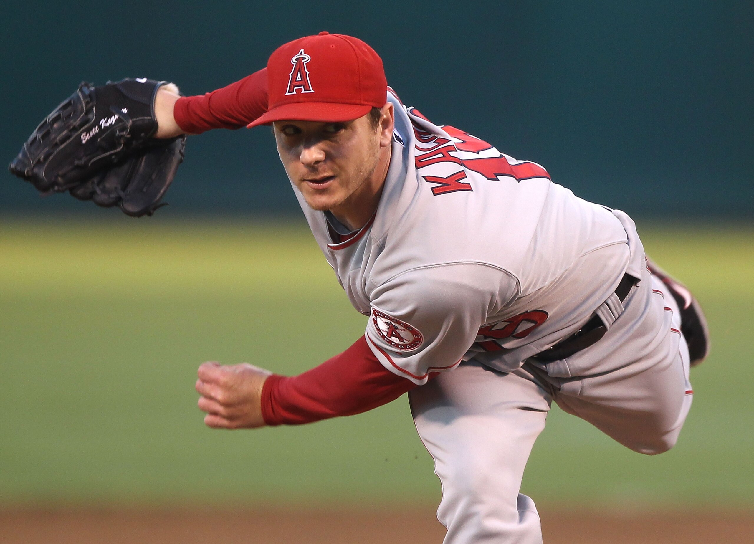 OAKLAND, CA - SEPTEMBER 03:  Scott Kazmir #19 of the Los Angeles Angels of Anaheim pitches against the Oakland Athletics during a Major League Baseball game at the Oakland-Alameda County Coliseum on September 3, 2010 in Oakland, California.  (Photo by Jed