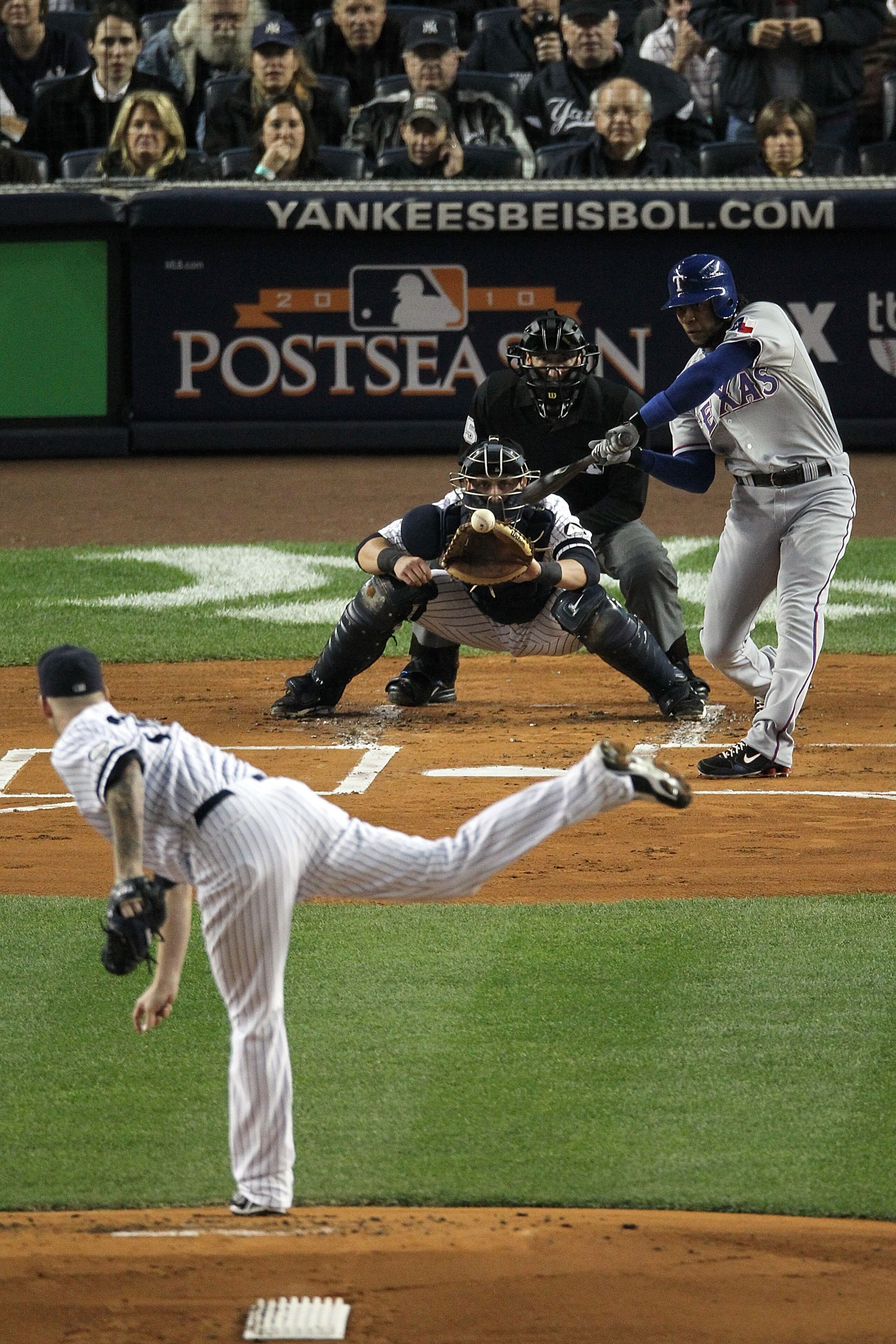 NEW YORK - OCTOBER 19:  Elvis Andrus #1 of the Texas Rangers bats against the New York Yankees in Game Four of the ALCS during the 2010 MLB Playoffs at Yankee Stadium on October 19, 2010 in the Bronx borough of New York City.  (Photo by Al Bello/Getty Ima