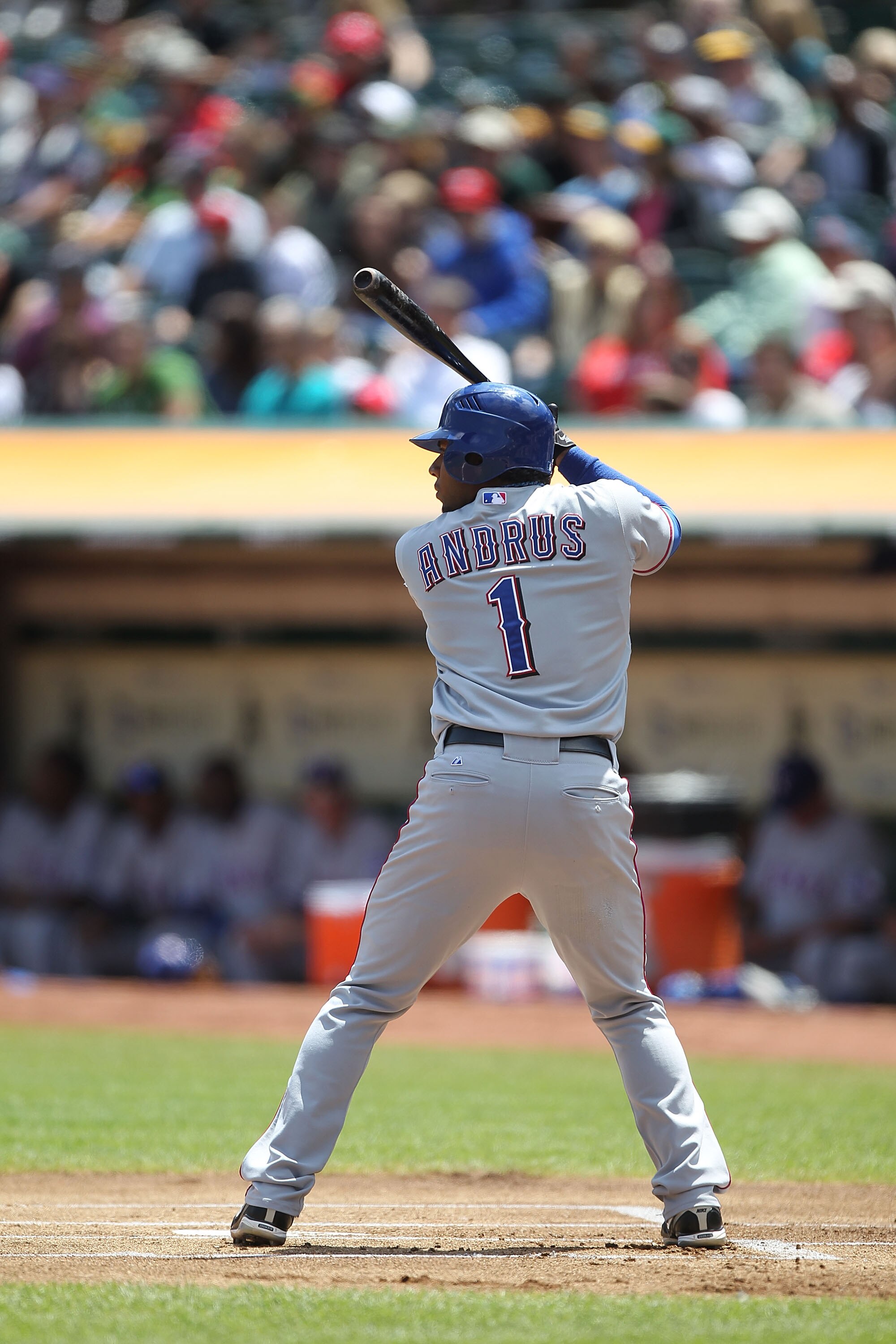 OAKLAND, CA - AUGUST 08:  Elvis Andrus #1 of the Texas Rangers in action against the Oakland Athletics during an MLB game at the Oakland-Alameda County Coliseum on August 8, 2010 in Oakland, California.  (Photo by Jed Jacobsohn/Getty Images)