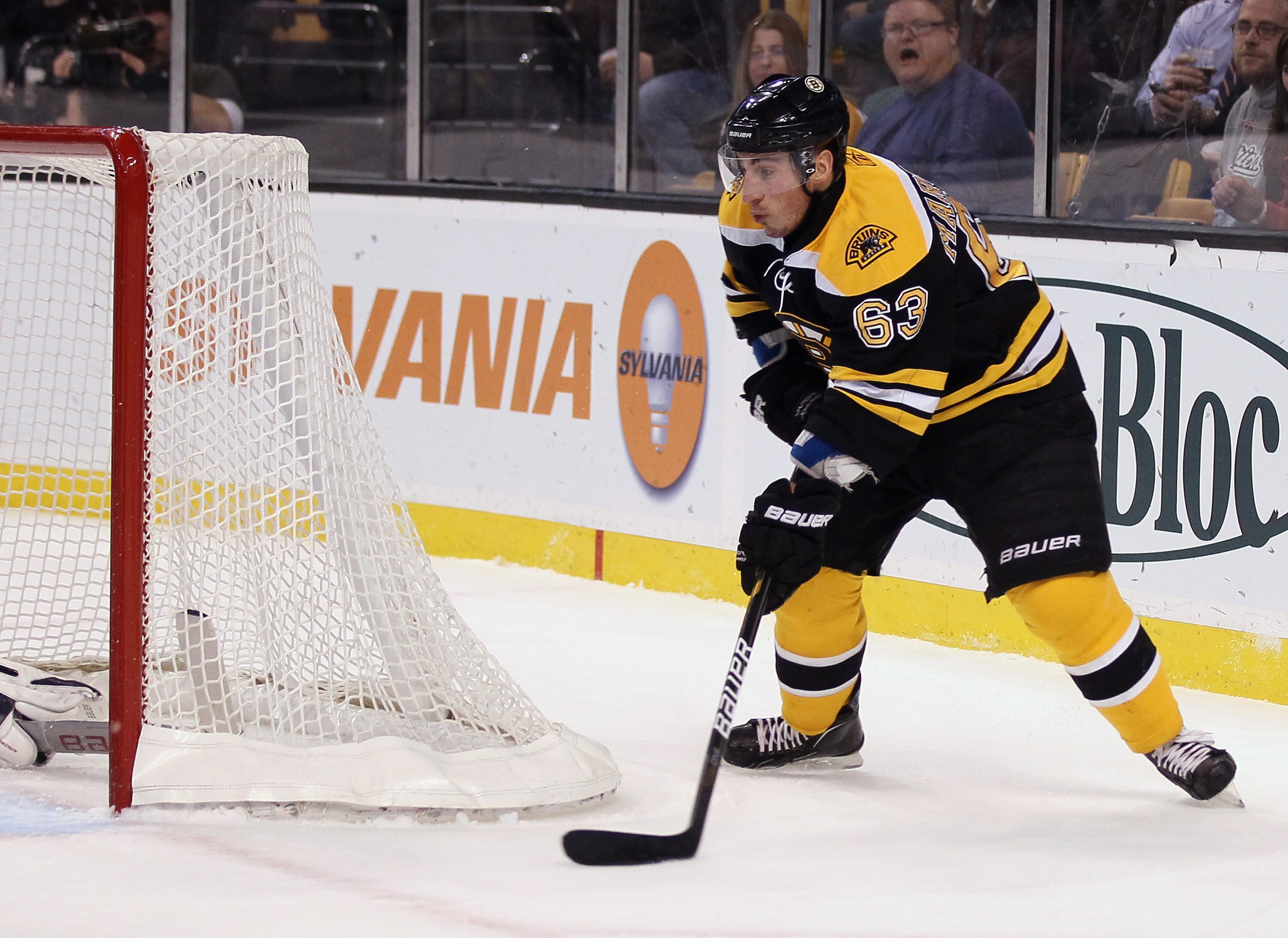 BOSTON, MA - JANUARY 26:  Brad Marchand #63 of the Boston Bruins wraps around the net to score a goal in the first period against Florida Panthers on January 26, 2011 at the TD Garden in Boston, Massachusetts.  (Photo by Elsa/Getty Images)