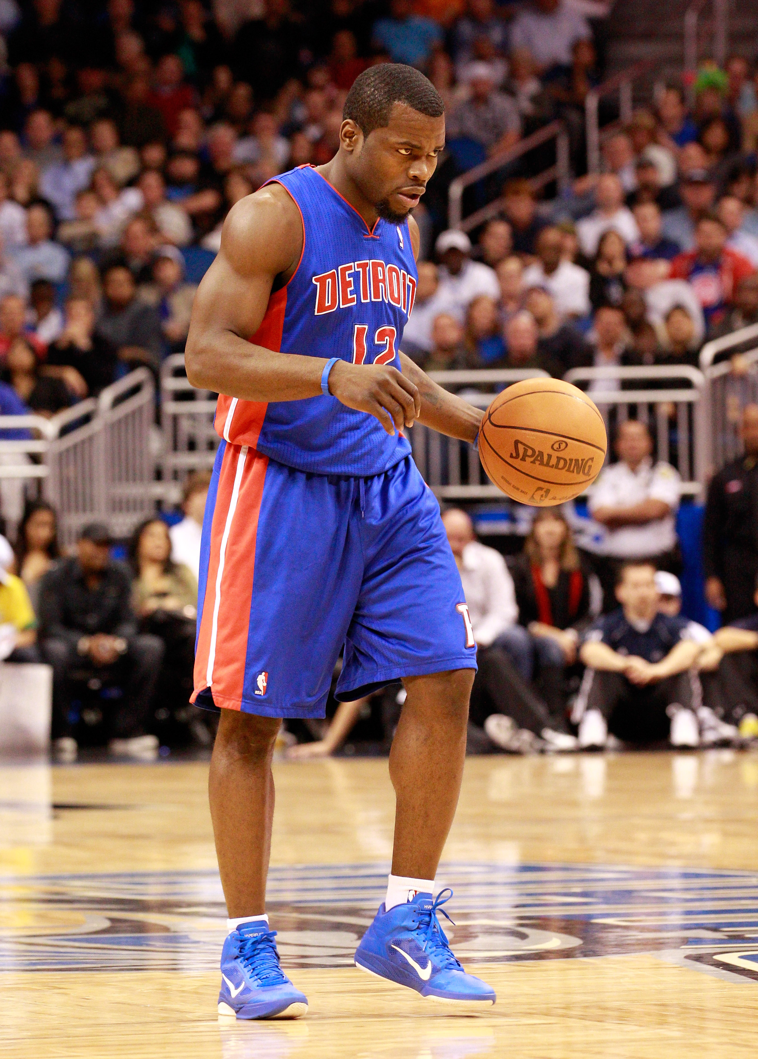 ORLANDO, FL - JANUARY 24:  Will Bynum #12 of the Detroit Pistons looks to make a pass during the game against the Orlando Magic at Amway Arena on January 24, 2011 in Orlando, Florida.  NOTE TO USER: User expressly acknowledges and agrees that, by download