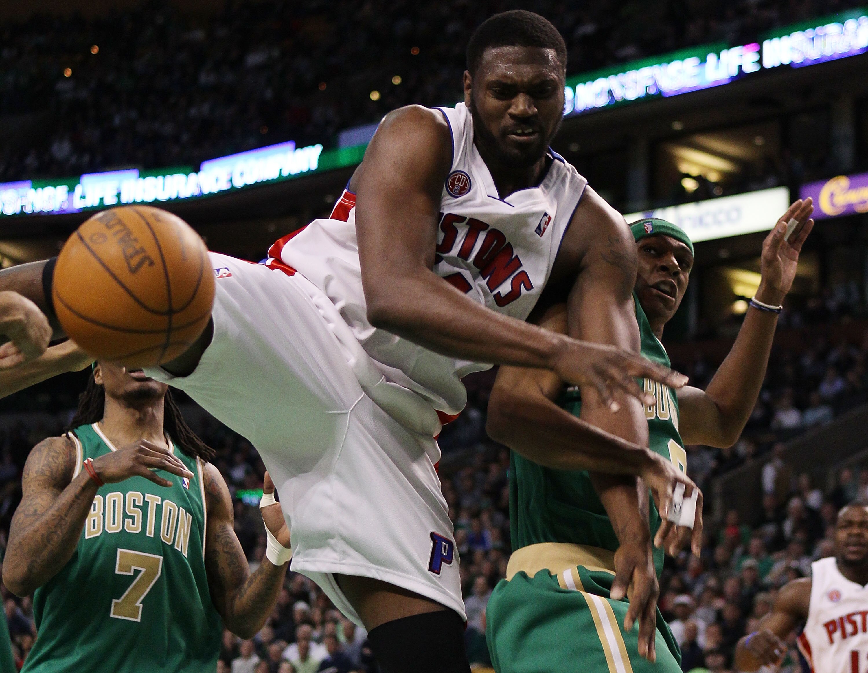 BOSTON - MARCH 15:  Jason Maxiell #54 of the Detroit Pistons loses the ball as Rajon Rondo #9 of the Boston Celtics defends on March 15, 2010 at the TD Garden in Boston, Massachusetts.  NOTE TO USER: User expressly acknowledges and agrees that, by downloa