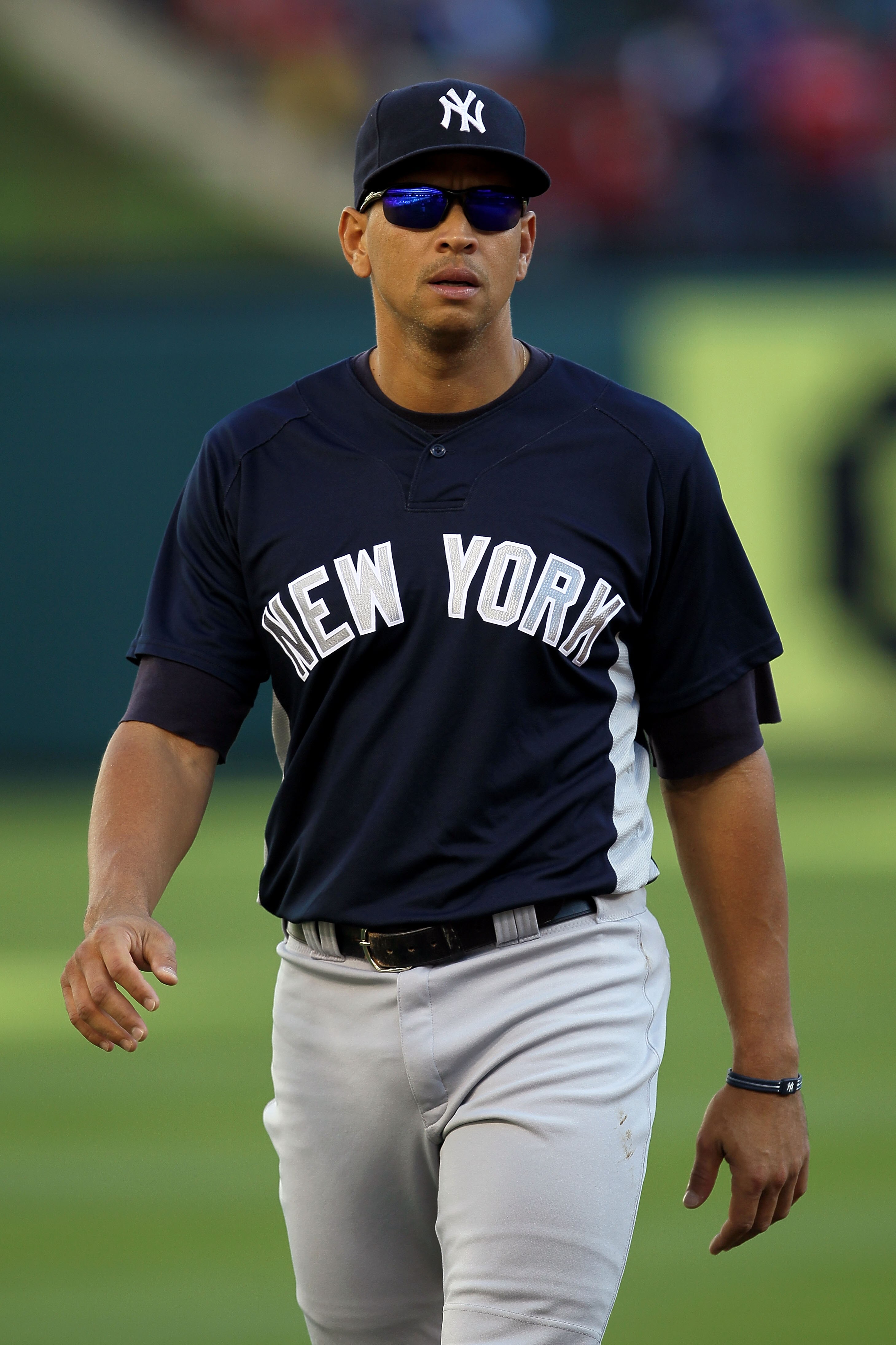 ARLINGTON, TX - OCTOBER 15:  Alex Rodriguez #13 of the New York Yankees looks on during batting practice against the Texas Rangers in Game One of the ALCS during the 2010 MLB Playoffs at Rangers Ballpark in Arlington on October 15, 2010 in Arlington, Texa