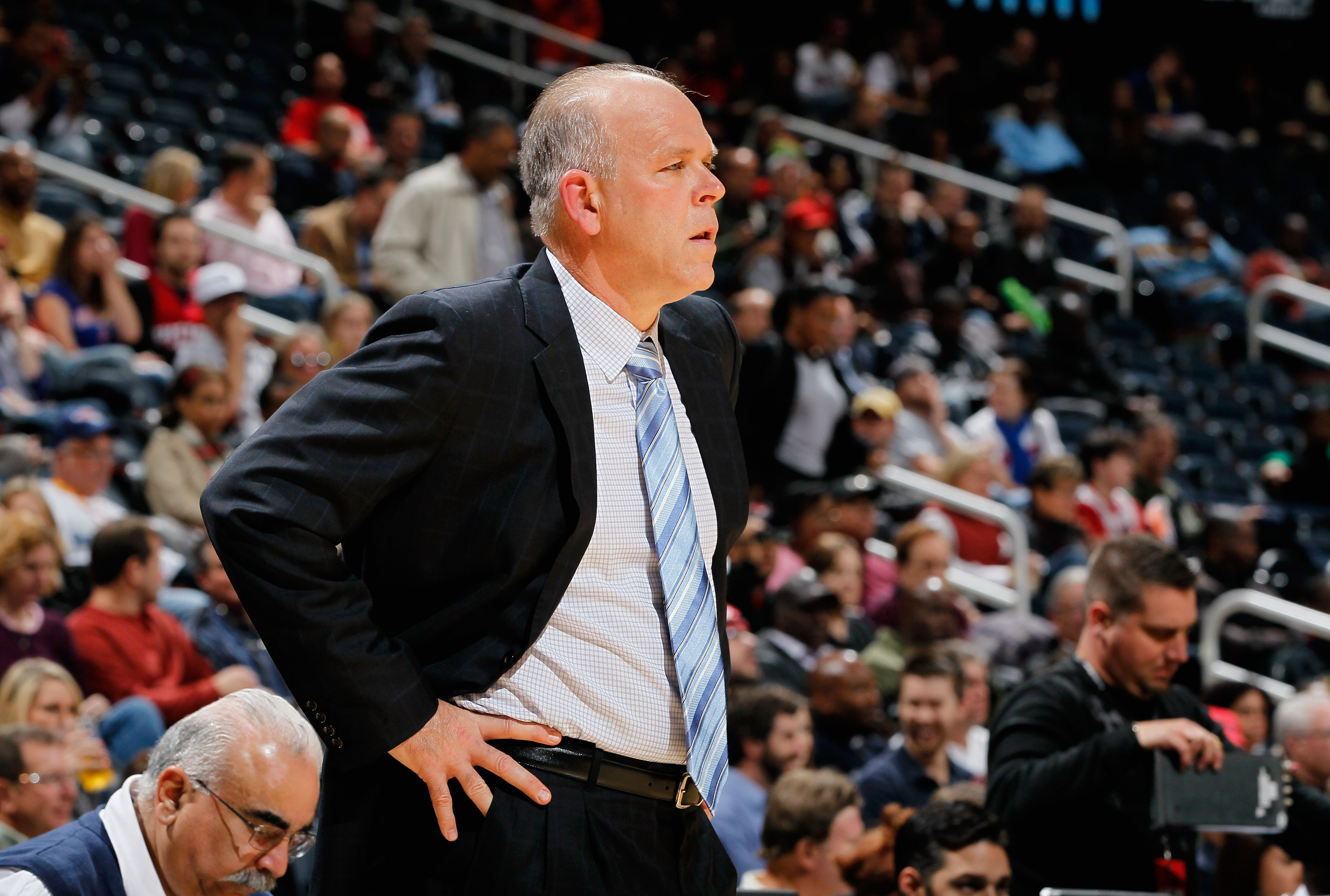 ATLANTA - NOVEMBER 03:  Head coach John Kuester of the Detroit Pistons against the Atlanta Hawks at Philips Arena on November 3, 2010 in Atlanta, Georgia.  NOTE TO USER: User expressly acknowledges and agrees that, by downloading and/or using this Photogr