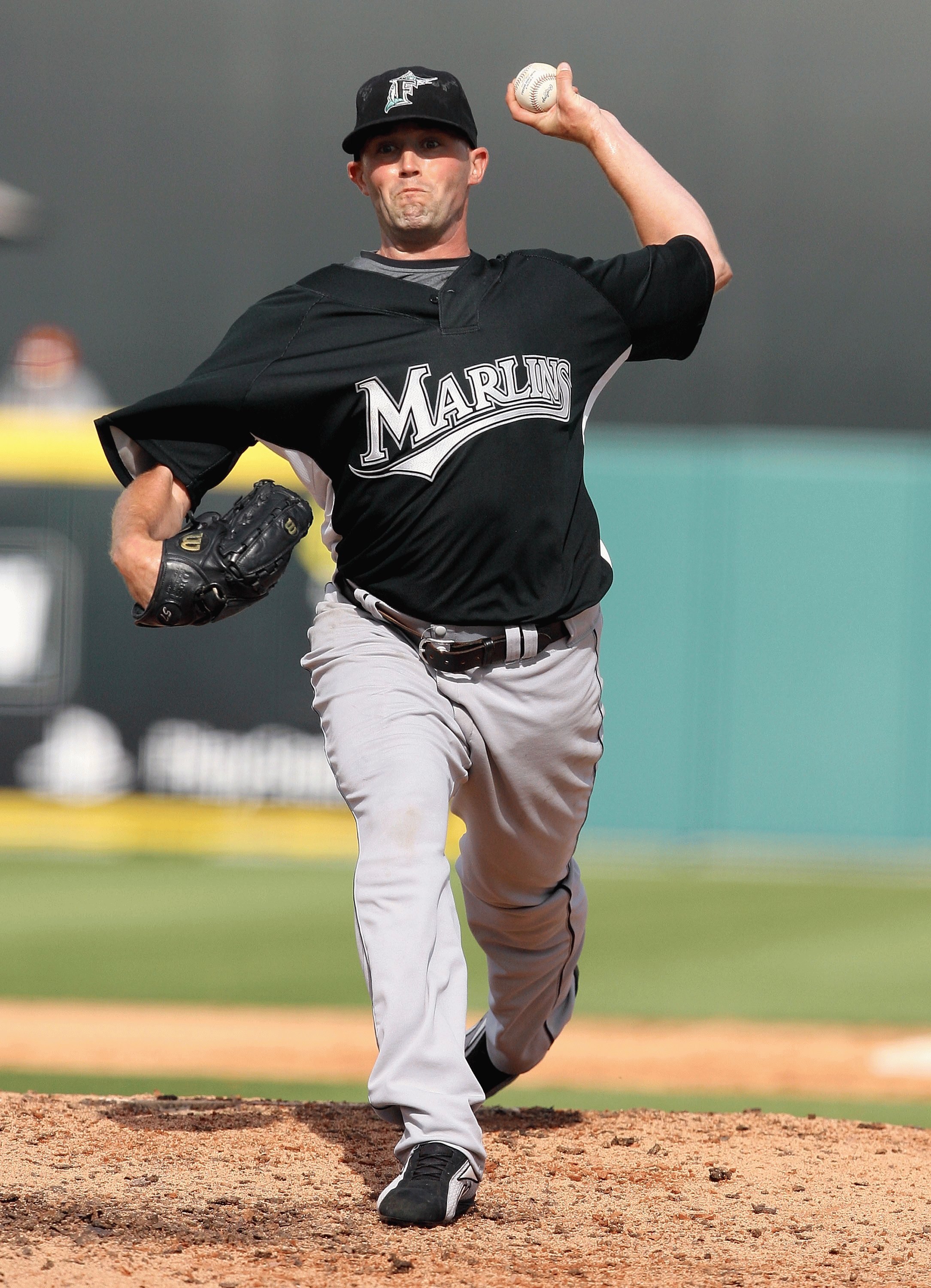 JUPITER, FL - FEBRUARY 25:  Pitcher Taylor Tankersley #57 of the Florida Marlins pitches against the St. Louis Cardinals during a spring training game at Roger Dean Stadium on February 25, 2009 in Jupiter, Florida. The Marlins and the Mets played to a 5-5