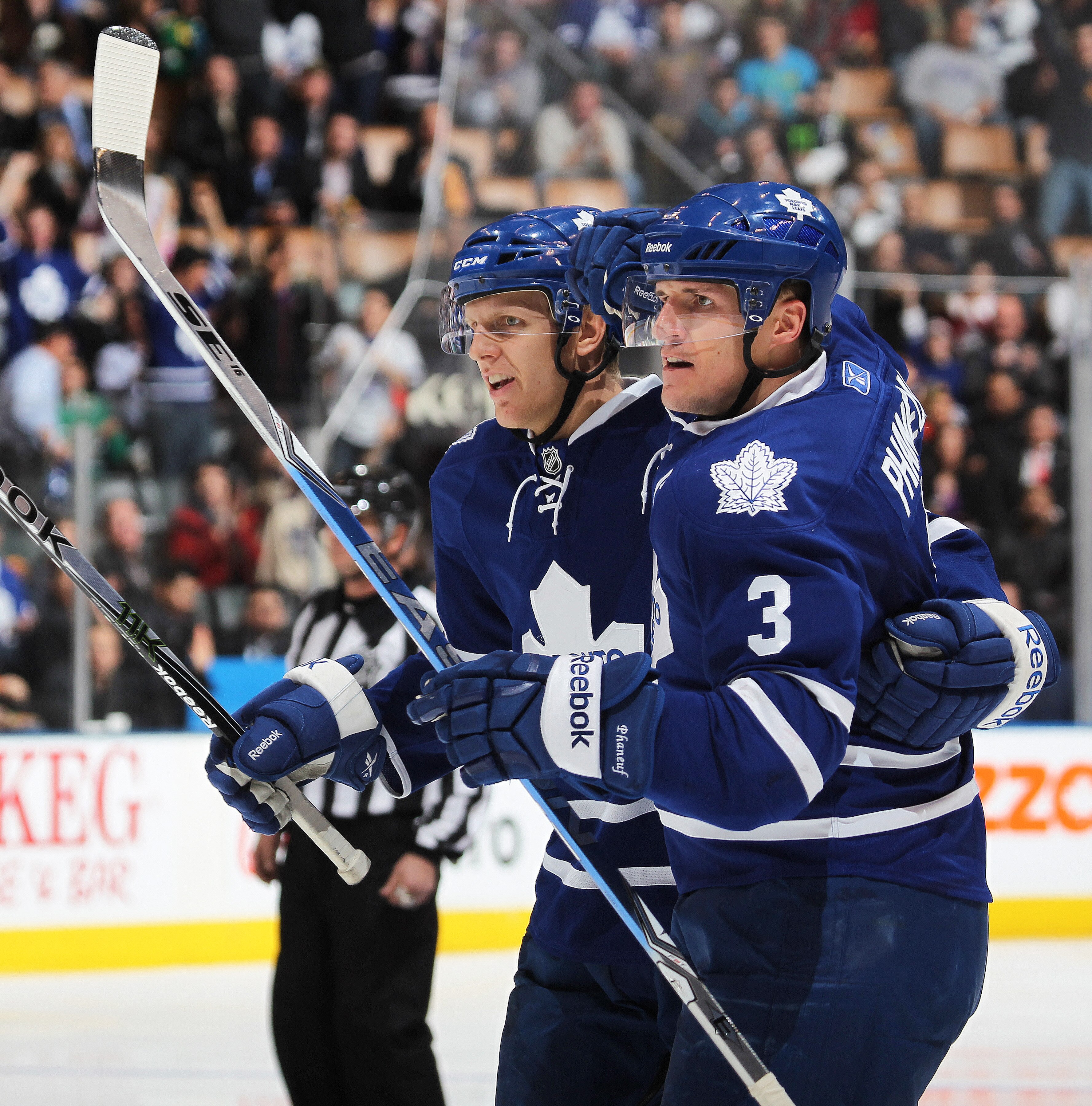 TORONTO, CAN - FEBRUARY 7:  Dion Phaneuf #3 of the Toronto Maple Leafs celebrates his goal in a game against the Atlanta Thrashers on February 7, 2011 at the Air Canada Centre in Toronto, Canada. The Leafs defeated the Thrashers 5-4. (Photo by Claus Ander