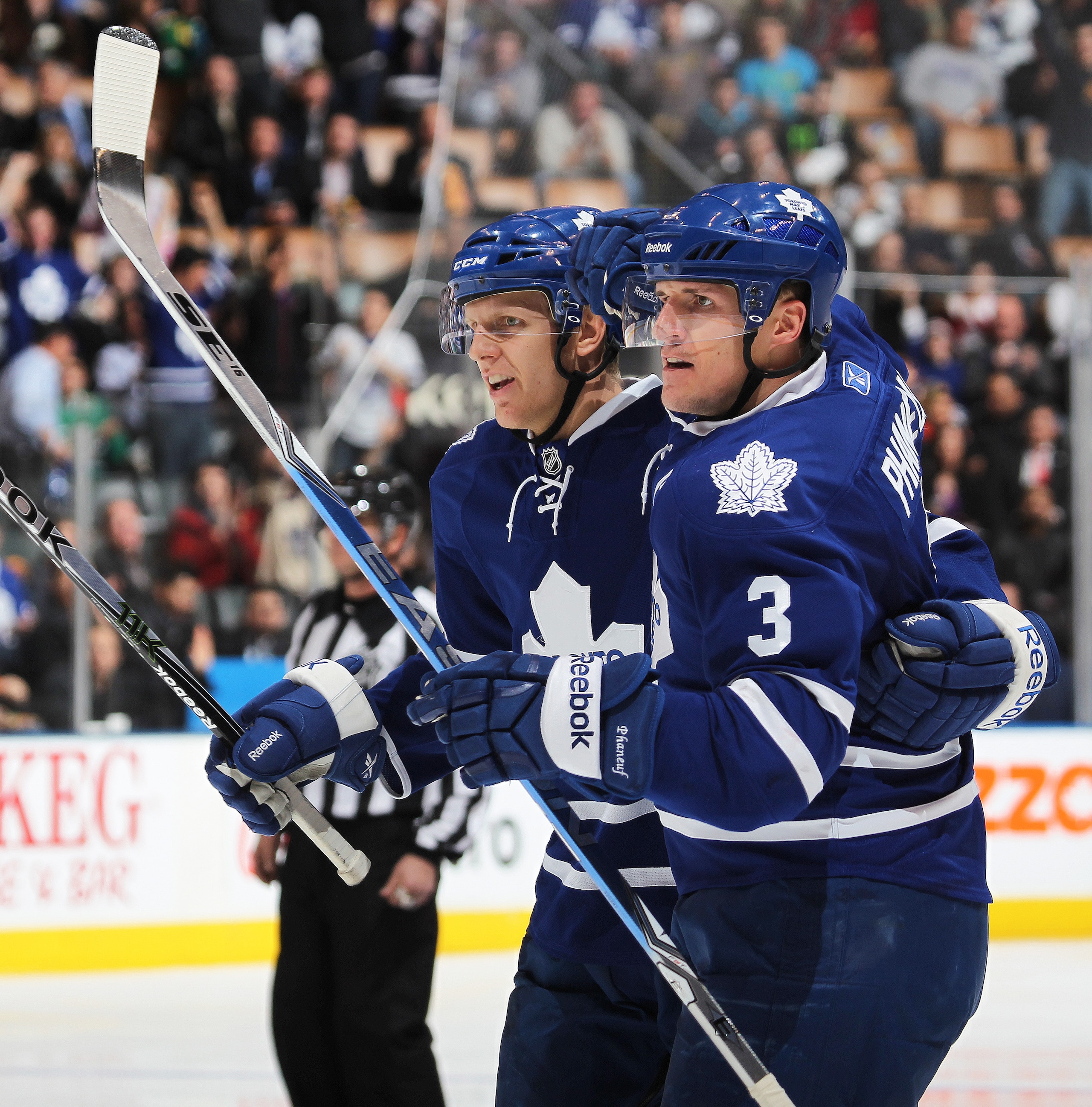 TORONTO, CAN - FEBRUARY 7:  Dion Phaneuf #3 of the Toronto Maple Leafs celebrates his goal in a game against the Atlanta Thrashers on February 7, 2011 at the Air Canada Centre in Toronto, Canada. The Leafs defeated the Thrashers 5-4. (Photo by Claus Ander