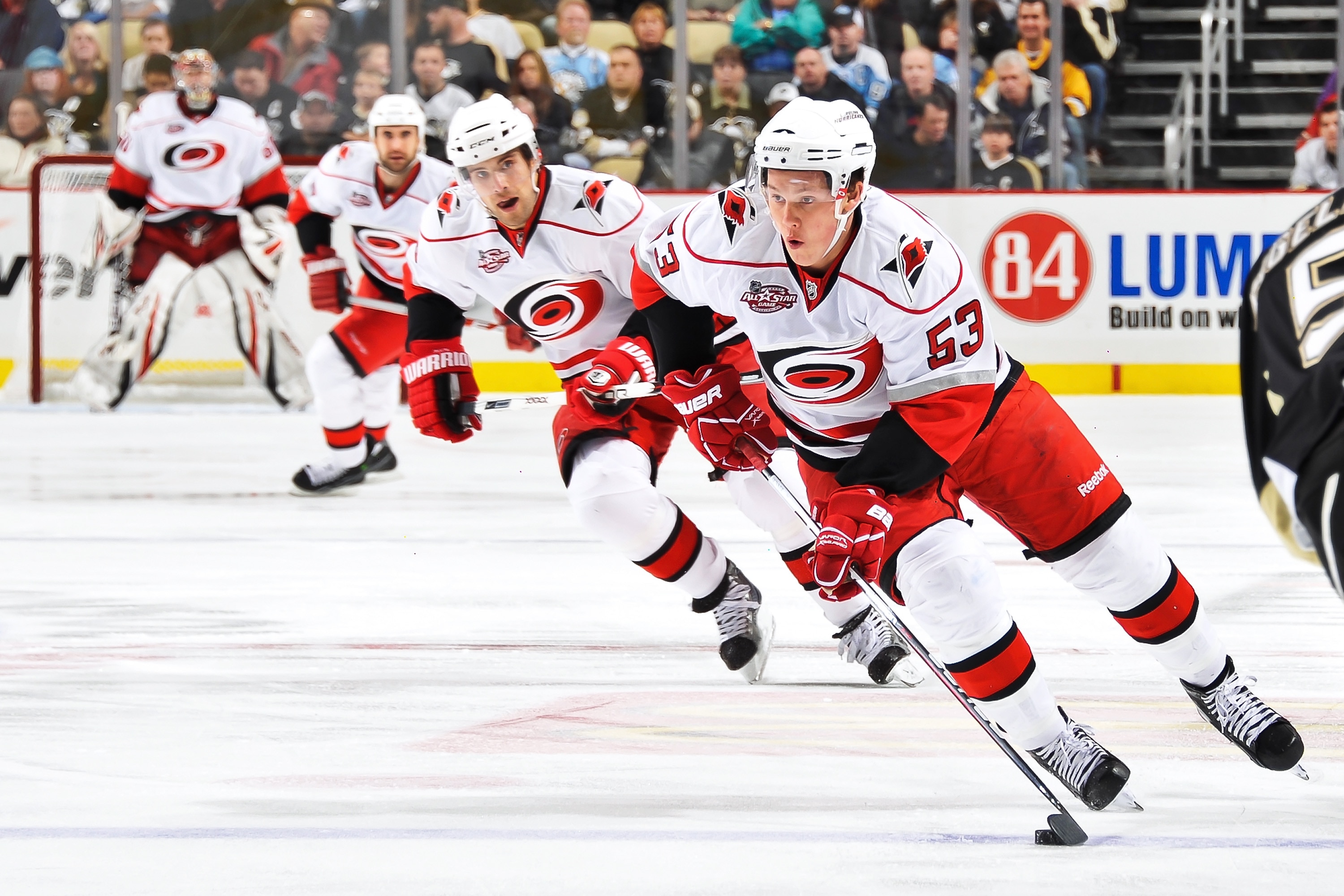 PITTSBURGH - NOVEMBER 19:  Jeff Skinner #53 of the Carolina Hurricanes skates with the puck against the Pittsburgh Penguins on November 19, 2010 at Consol Energy Center in Pittsburgh, Pennsylvania.  (Photo by Jamie Sabau/Getty Images)