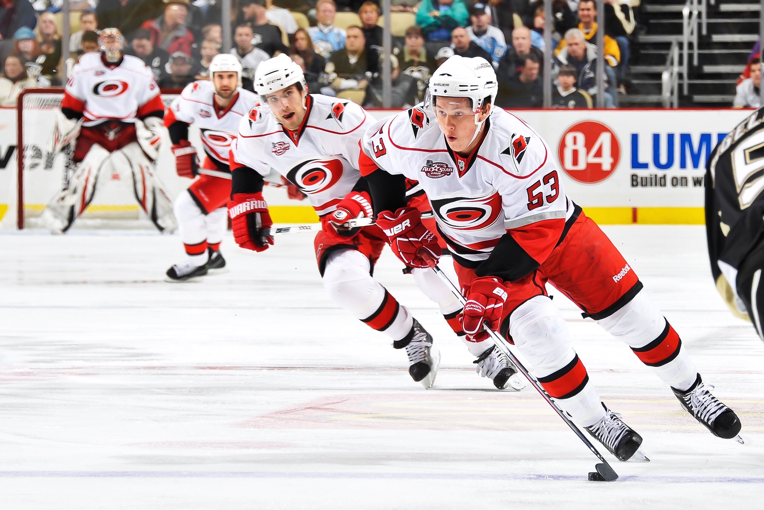 PITTSBURGH - NOVEMBER 19:  Jeff Skinner #53 of the Carolina Hurricanes skates with the puck against the Pittsburgh Penguins on November 19, 2010 at Consol Energy Center in Pittsburgh, Pennsylvania.  (Photo by Jamie Sabau/Getty Images)