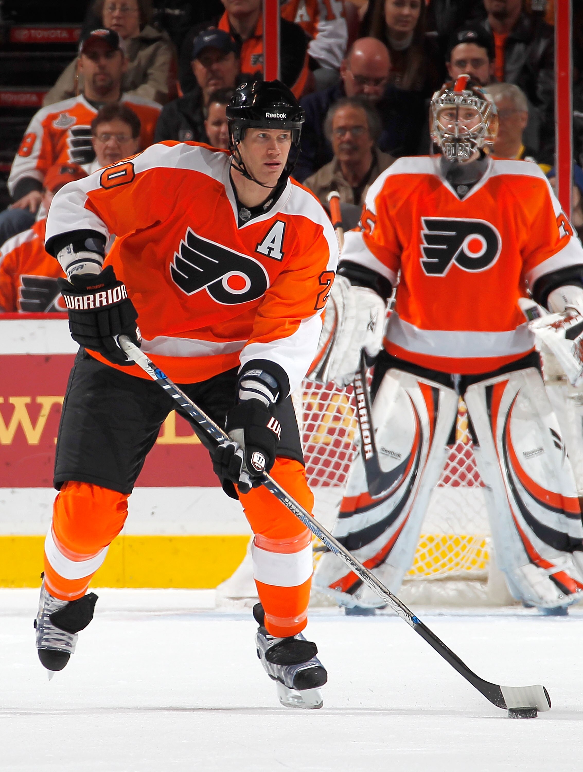 PHILADELPHIA, PA - JANUARY 25:  Chris Pronger #20 of the Philadelphia Flyers skates during an NHL hockey game against the Montreal Canadiens at the Wells Fargo Center on January 25, 2011 in Philadelphia, Pennsylvania.  (Photo by Paul Bereswill/Getty Image