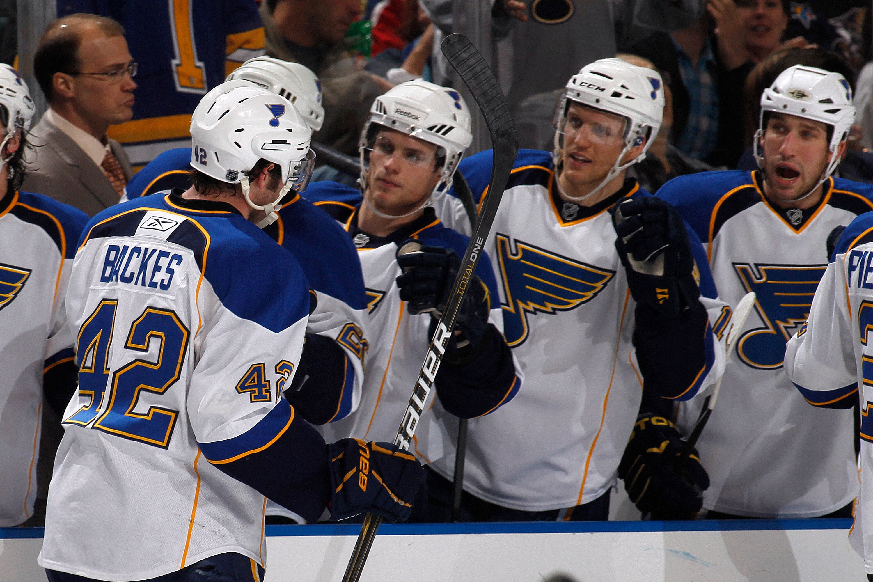 SUNRISE, FL - FEBRUARY 8: David Backes #42 of the St Louis Blues is congratulated after scoring a goal in the second period to tie the game against  the Florida Panthers on February 8, 2011 at the BankAtlantic Center in Sunrise, Florida. (Photo by Joel Au