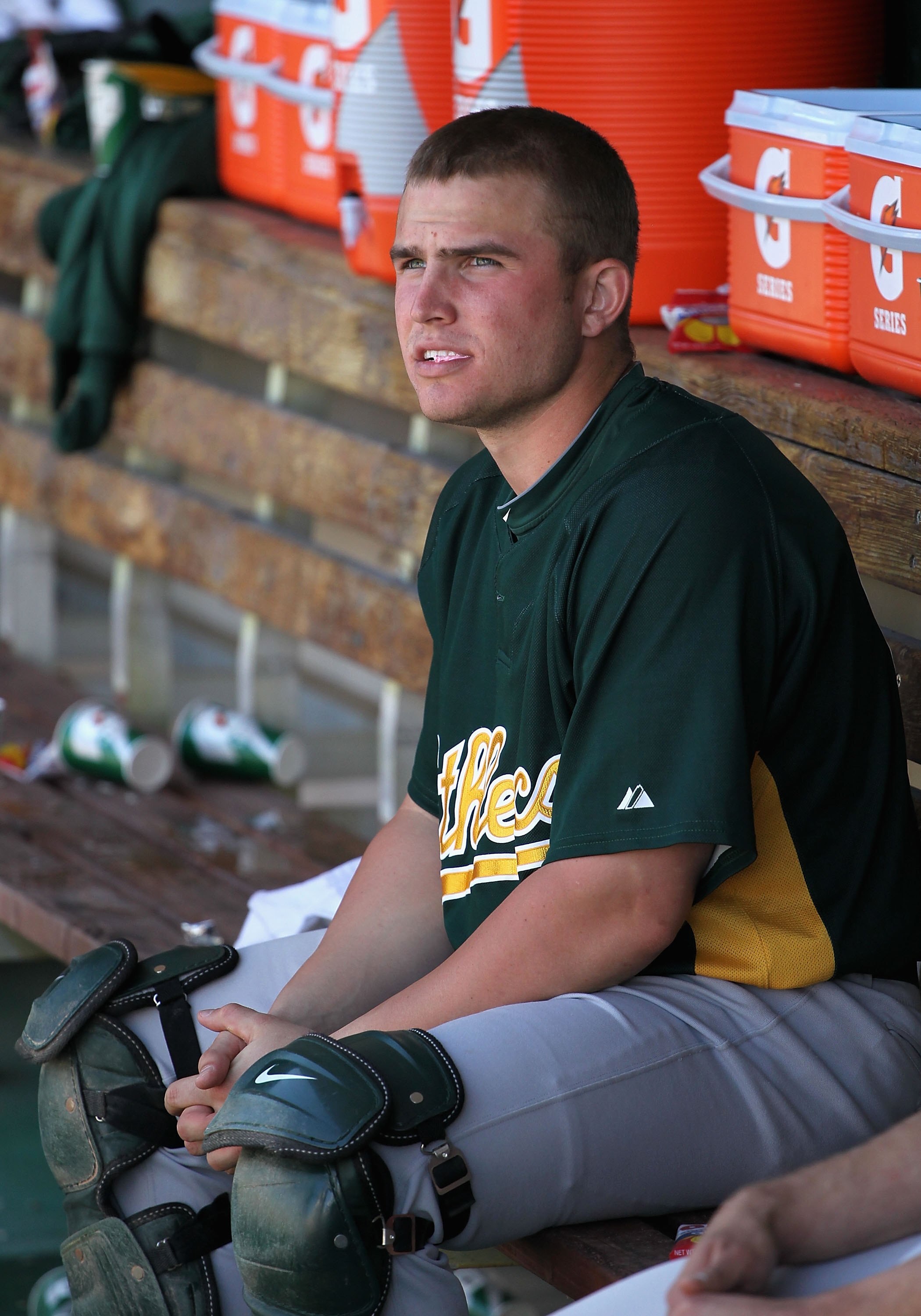 MESA, AZ - MARCH 04:  Max Stassi #68 of the Oakland Athletics in the dugout during the MLB spring training game against the Chicago Cubs at HoHoKam Park on March 4, 2009 in Mesa, Arizona. The Cubs defeated the A's 9-3.  (Photo by Christian Petersen/Getty 