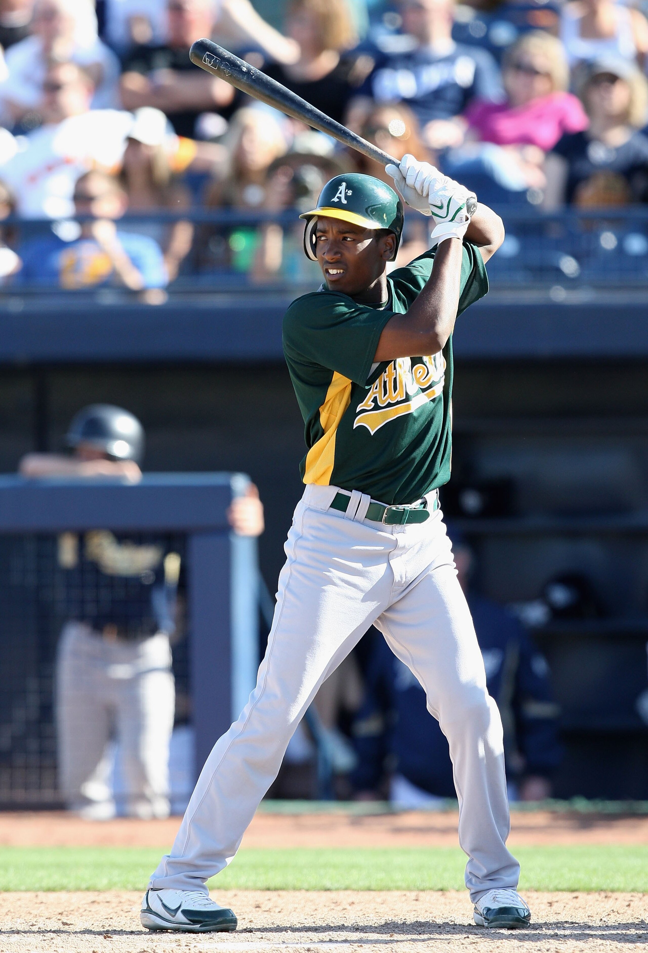 PEORIA, AZ - MARCH 07:  Jemile Weeks #53 of the Oakland Athletics bats agaisnt the San Diego Padres during the spring training game at Peoria Stadium on March 7, 2009 in Peoria, Arizona  The A's defeated the Padres 15-6.  (Photo by Christian Petersen/Gett