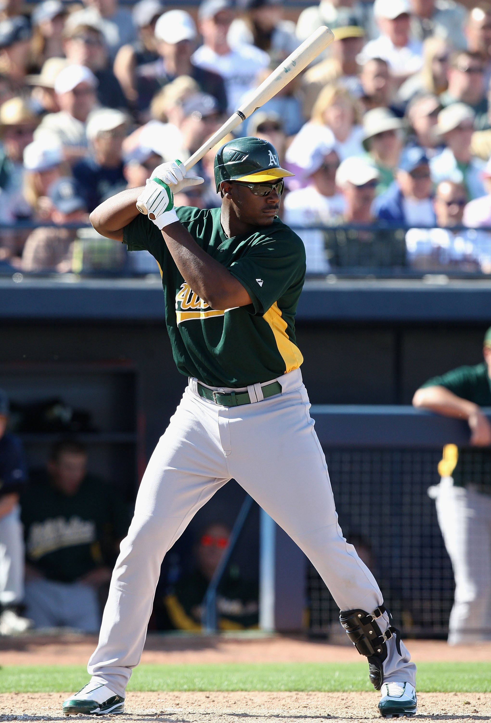 PEORIA, AZ - MARCH 07:  Chris Carter #75 of the Oakland Athletics bats against the San Diego Padres during the spring training game at Peoria Stadium on March 7, 2009 in Peoria, Arizona  The A's defeated the Padres 15-6.  (Photo by Christian Petersen/Gett