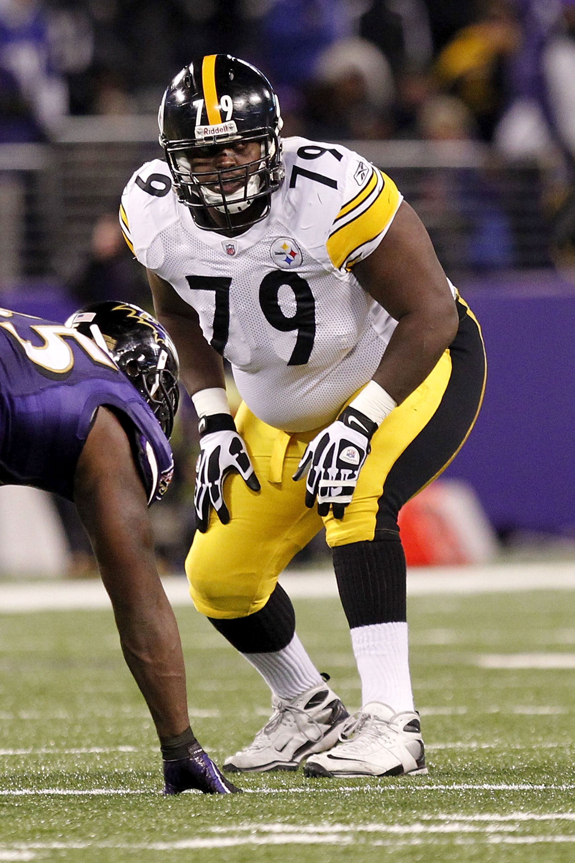 BALTIMORE, MD - DECEMBER 05:  Trai Essex #79 of the Pittsburgh Steelers lines up against the Baltimore Ravens at M&T Bank Stadium on December 5, 2010 in Baltimore, Maryland.  (Photo by Geoff Burke/Getty Images)