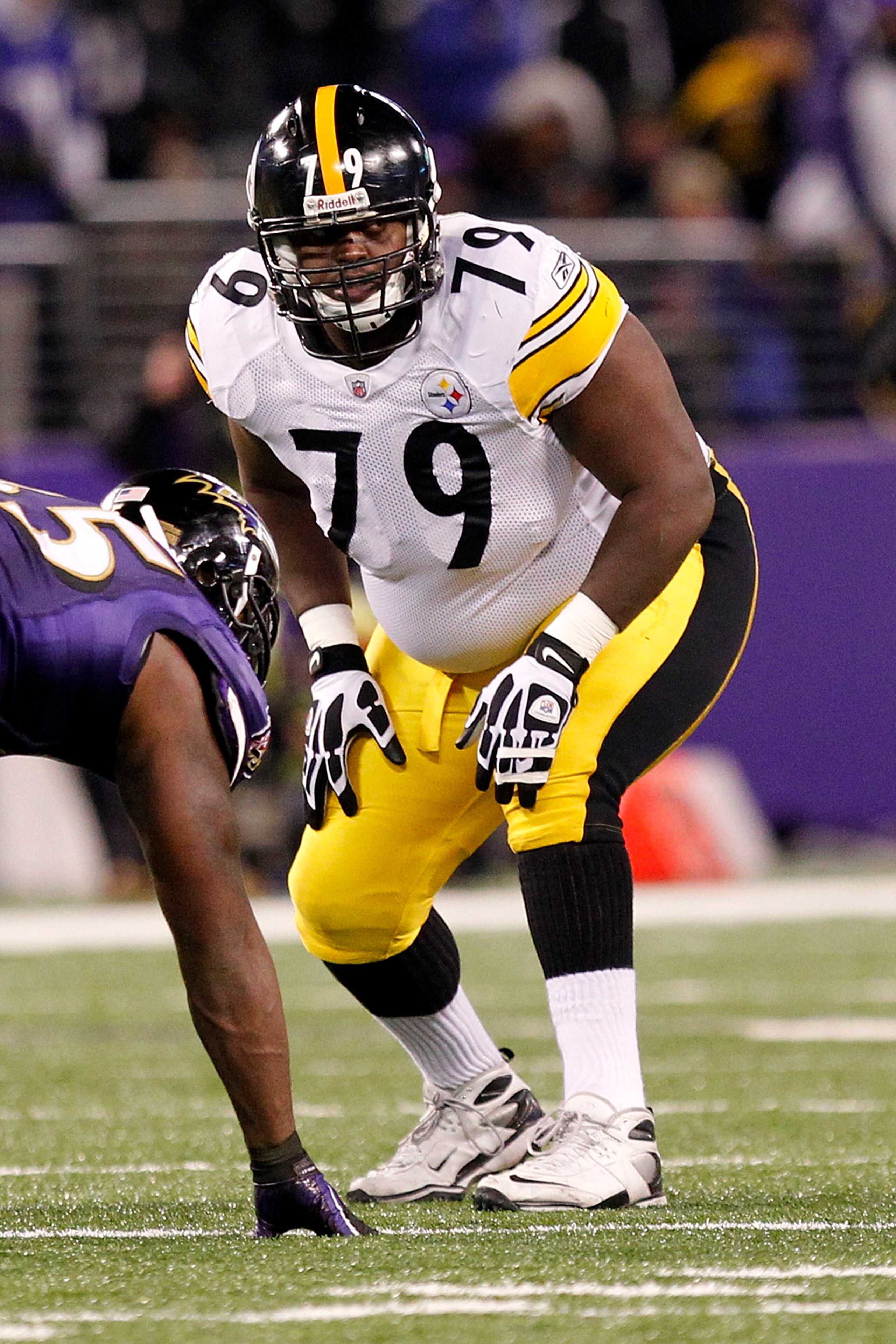 BALTIMORE, MD - DECEMBER 05:  Trai Essex #79 of the Pittsburgh Steelers lines up against the Baltimore Ravens at M&T Bank Stadium on December 5, 2010 in Baltimore, Maryland.  (Photo by Geoff Burke/Getty Images)