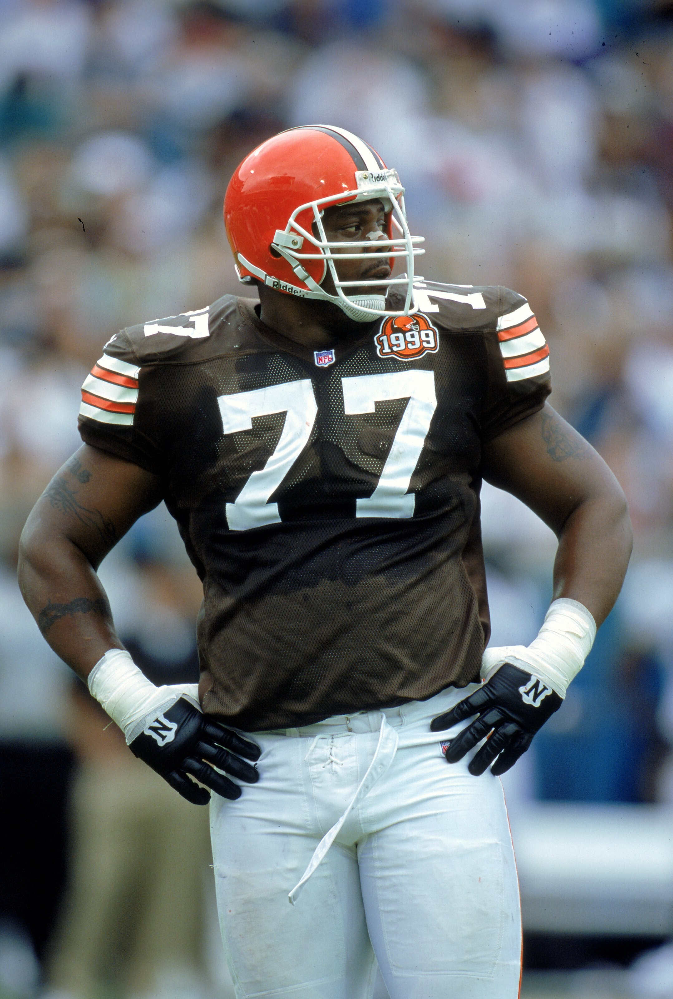 17 Oct 1999: Orlando Brown #77 of the Cleveland Browns looks on the field during the game against the Jacksonville Jaguars at the Alltell Stadium in Jacksonville, Florida. The Jaguars defeated the Browns 42-7. Mandatory Credit: Scott Halleran  /Allsport