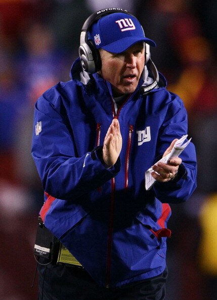 LANDOVER, MD - JANUARY 02:  Head coach Tom Coughlin of the New York Giants encourages his players in the fourth quarter against the Washington Redskins at FedEx Field on January 2, 2011 in Landover, Maryland. The Giants won the game 17-14.  (Photo by Win
