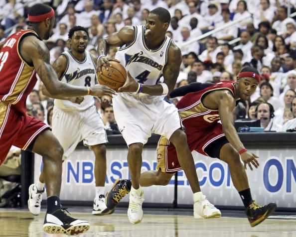 WASHINGTON - MAY 2: Antawn Jamison #4 of the Washington Wizards keeps the ball away from Daniel Gibson #1 of the Cleveland Cavaliers in Game Six of the Eastern Conference Quarterfinals during the 2008 NBA Playoffs at the Verizon Center on May 2, 2008 in W
