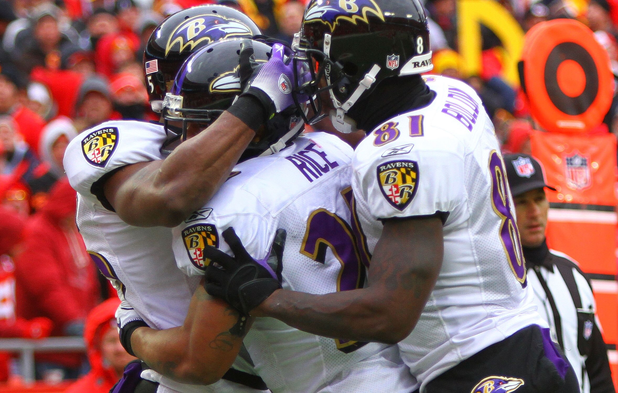 KANSAS CITY, MO - JANUARY 09:  Running back Ray Rice #27 of the Baltimore Ravens celebrates with teammates after scoring a touchdown against the Kansas City Chiefs in the second quarter of their 2011 AFC wild card playoff game at Arrowhead Stadium on Janu