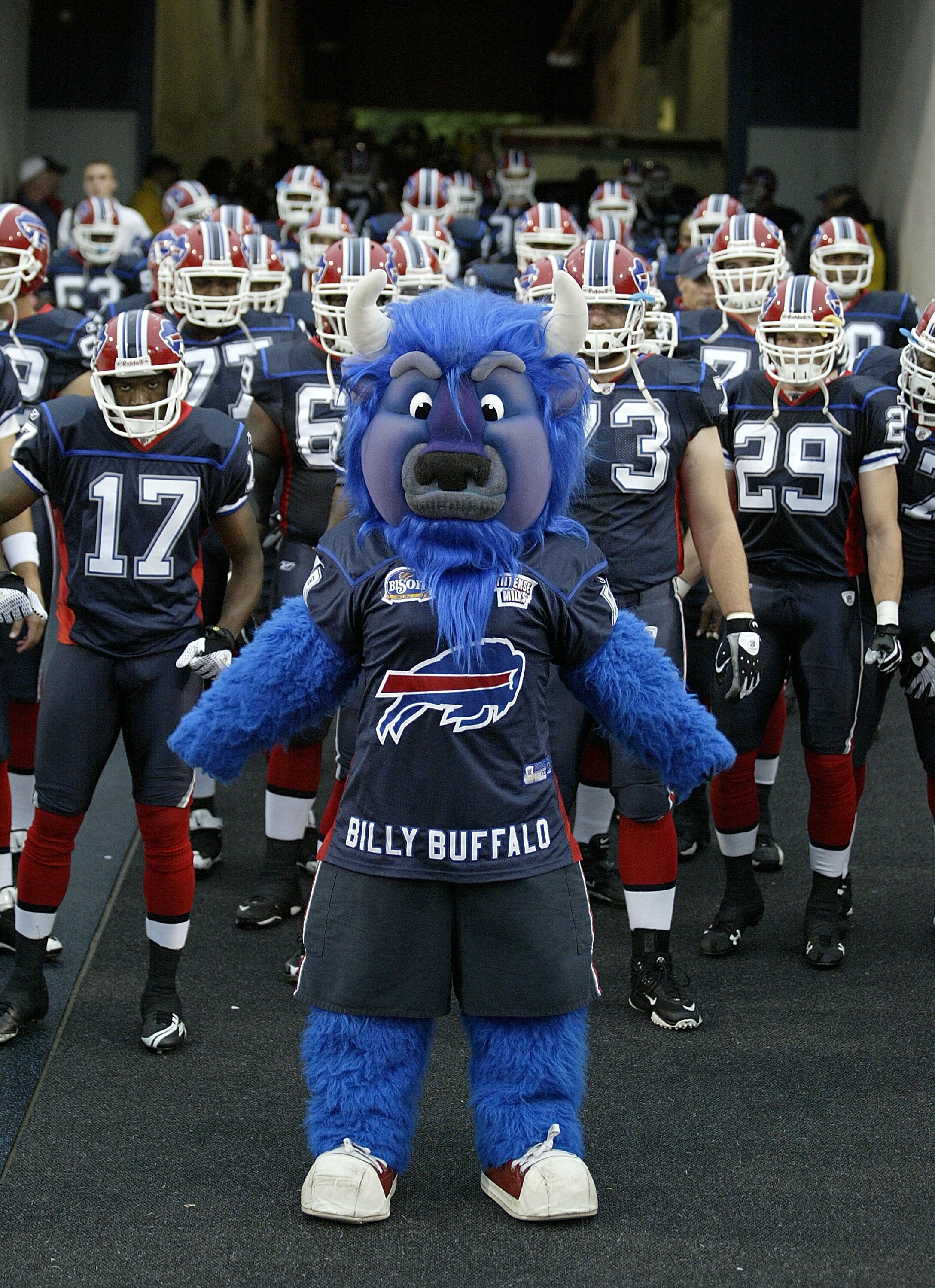 BUFFALO, NY - AUGUST 28: Buffalo Bills mascot Billy Buffalo leads the Bills onto the field prior to playing the Detroit Lions on August 28, 2008 at Ralph Wilson Stadium in Orchard Park, New York. (Photo by Rick Stewart/Getty Images)
